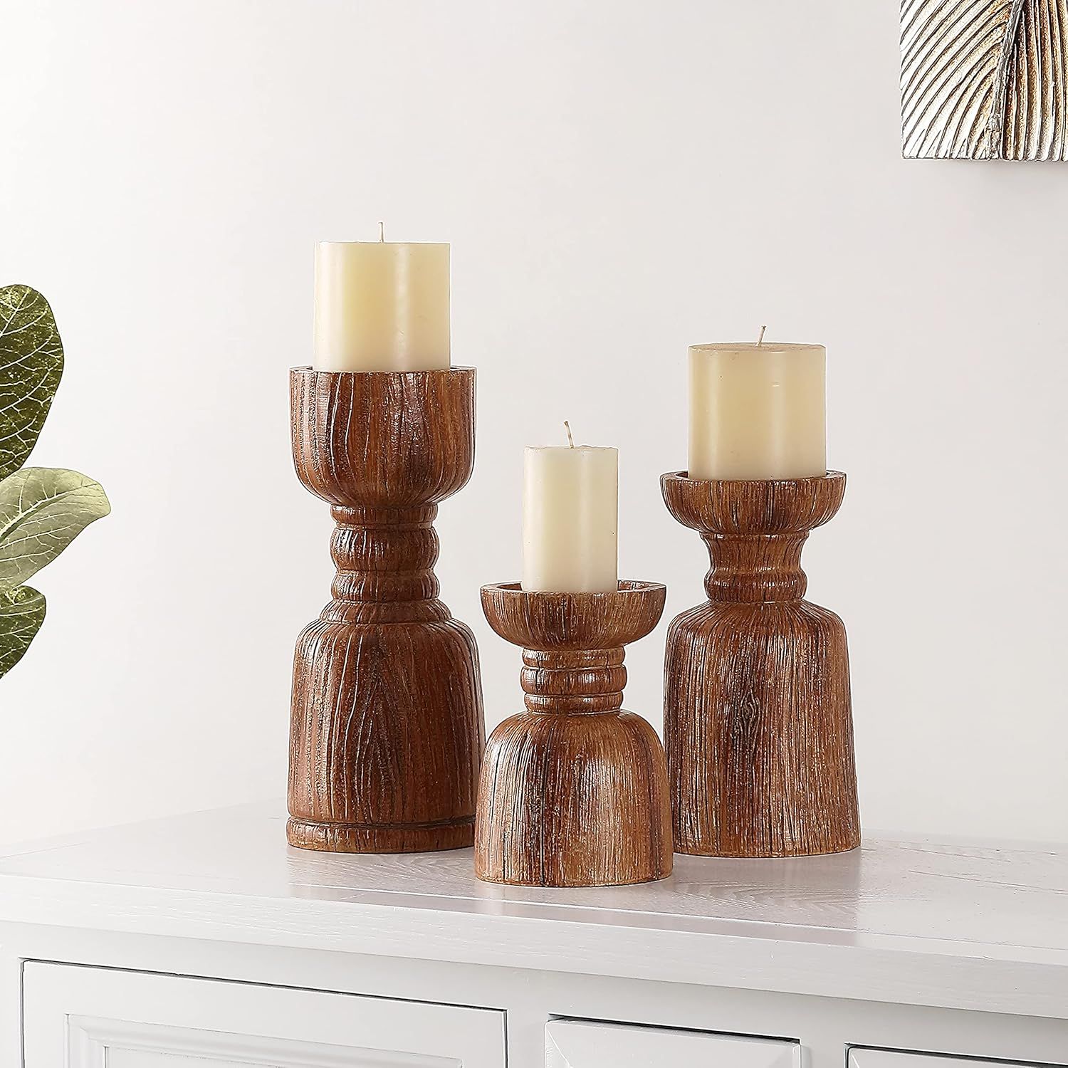 Lia Brown Faux Wood Candlestick Set of 3