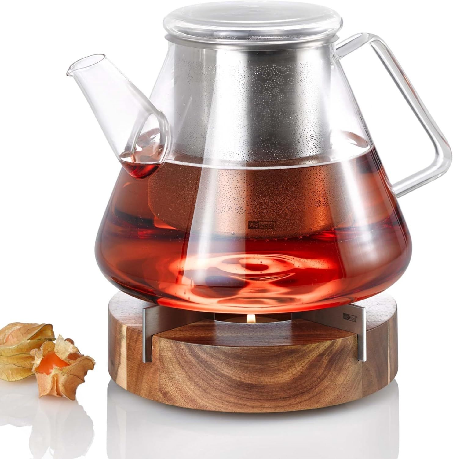 Clear Glass Teapot with Acacia Wood Warmer