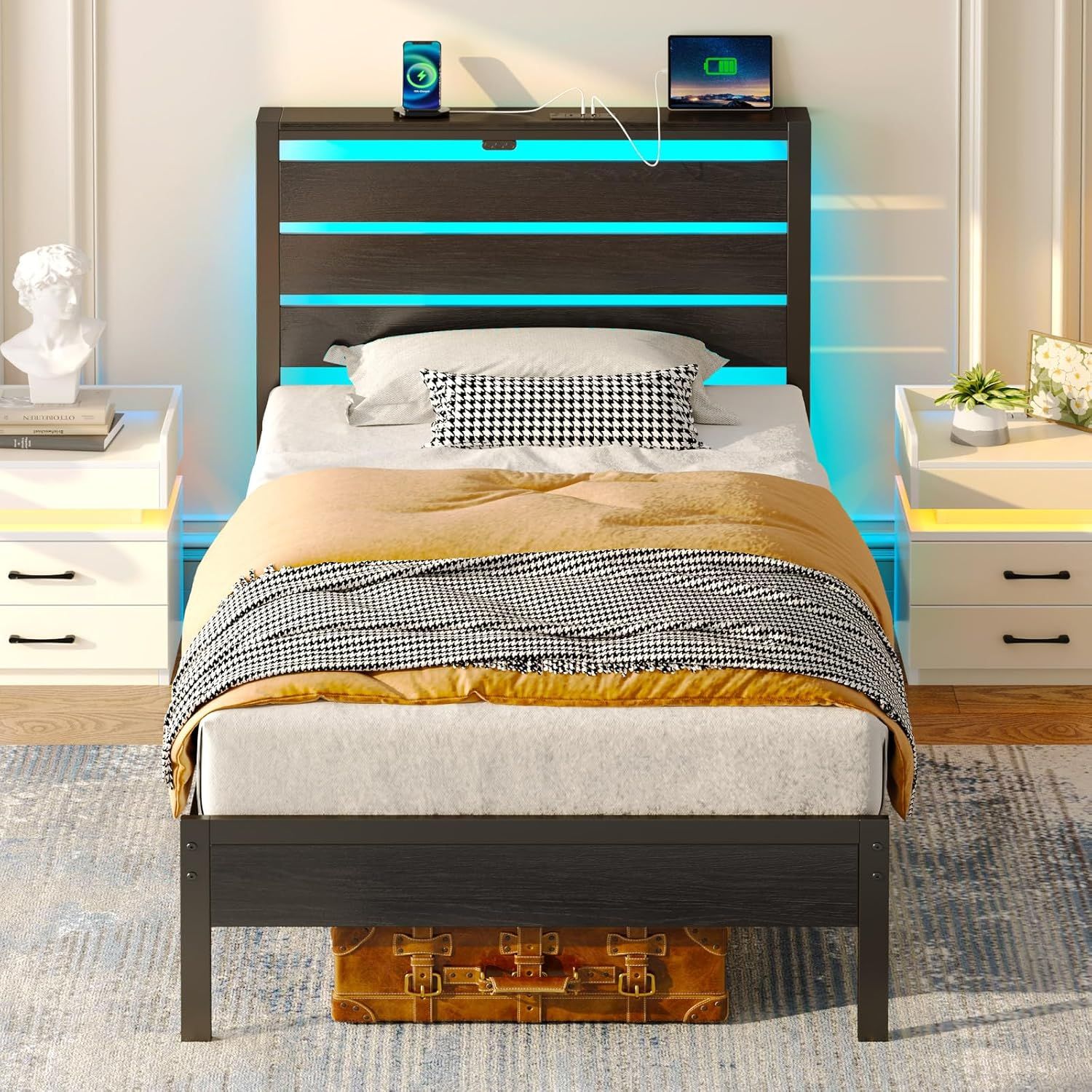 Twin Black Metal Bed Frame with LED Lighted Headboard and Storage