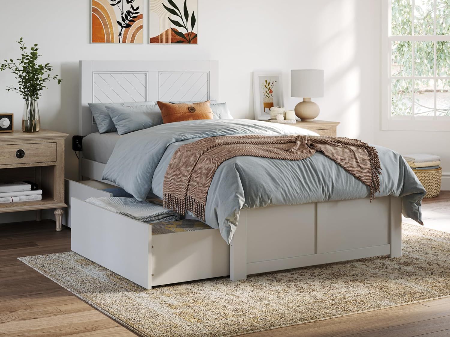 White Twin XL Wood Platform Bed with Chevron Headboard and Storage Drawers