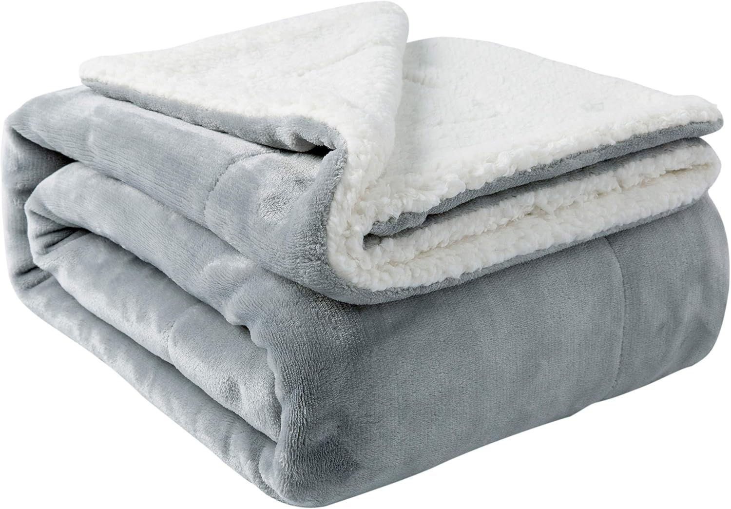 Light Grey Reversible Sherpa and Fleece Throw Blanket