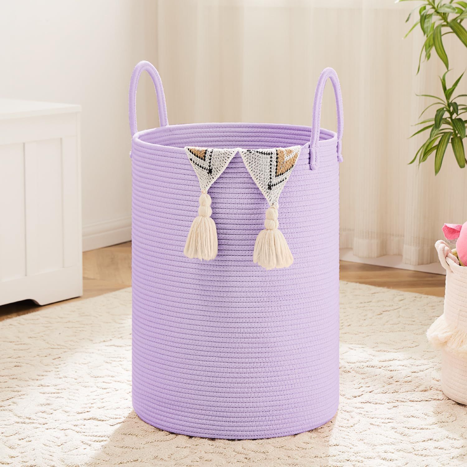 60L Purple Woven Cotton Rope Laundry Basket with Tassels
