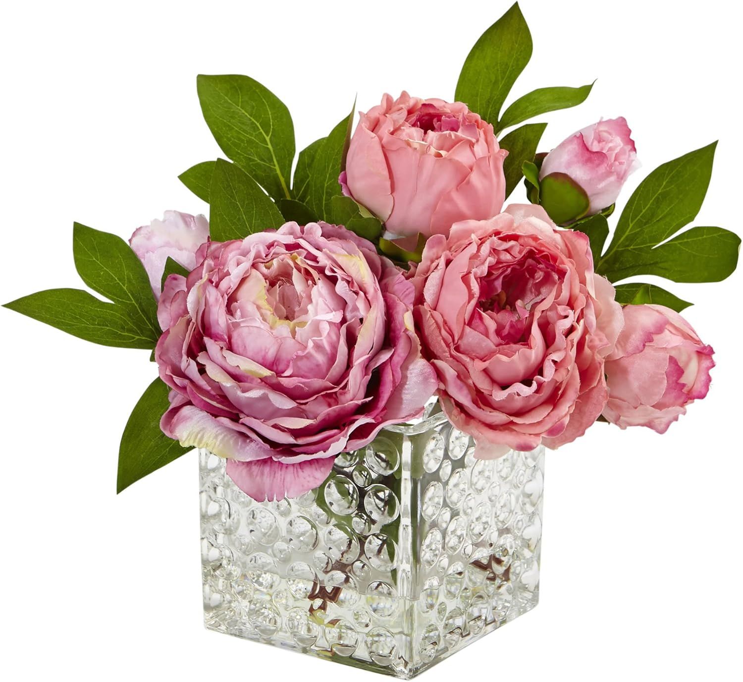 Summer Bliss Pink Peony Faux Floral Arrangement in Glass Vase