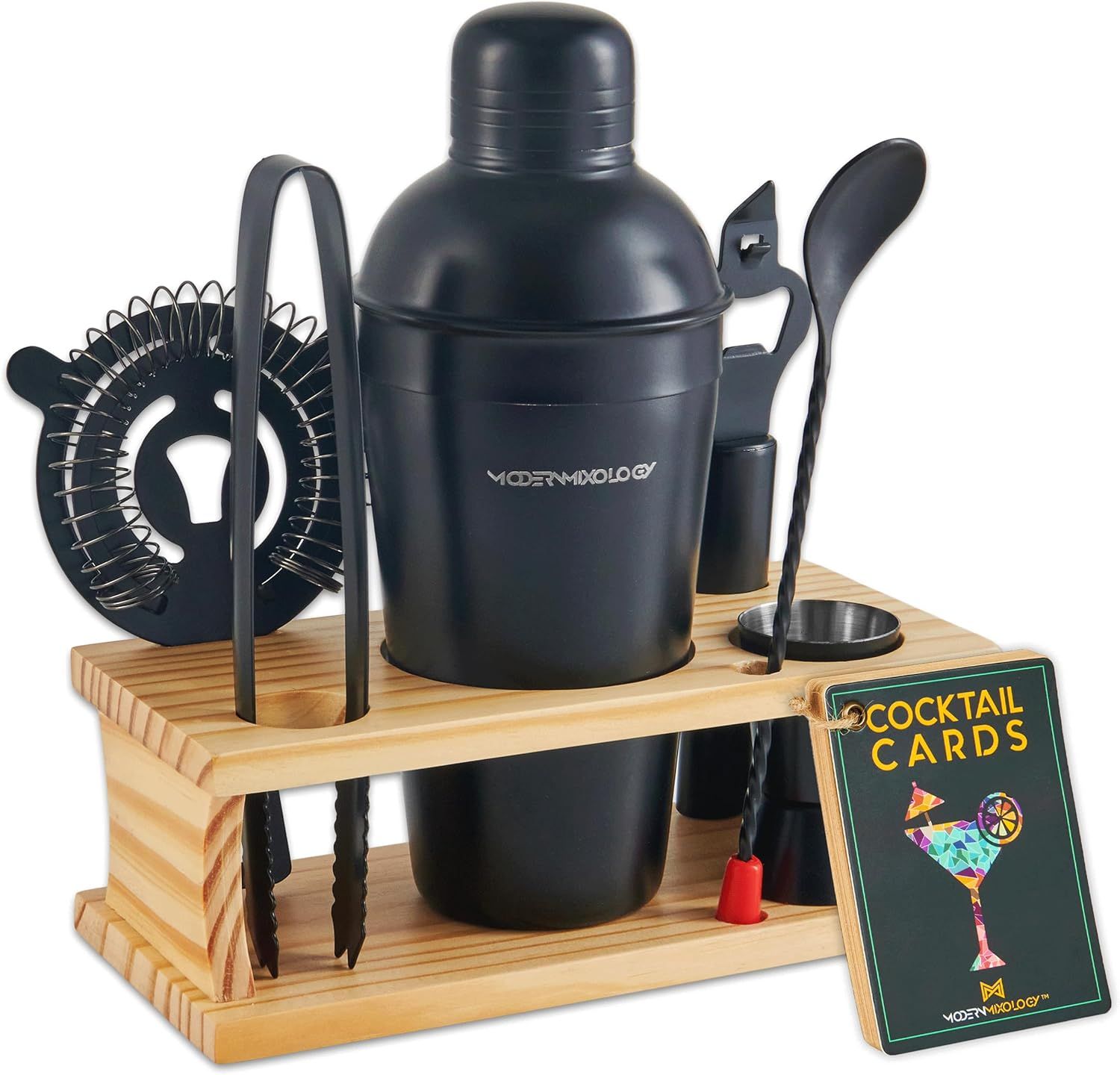 8-Piece Black Matte Cocktail Shaker Set with Pine Wood Stand