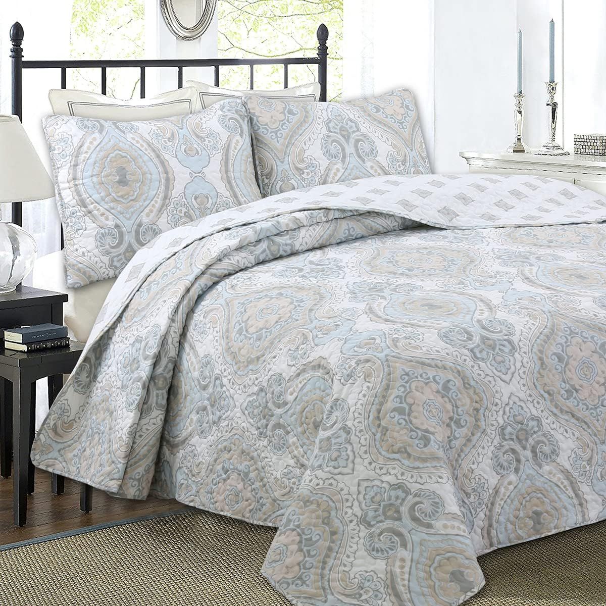 Sky Blue and Gray Microfiber Reversible King Quilt Bedding Set