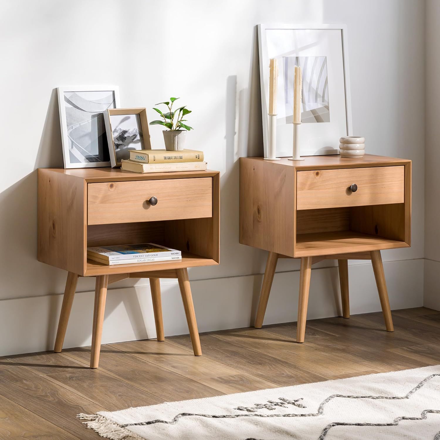 Mid-Century Natural Pine 1-Drawer Solid Wood Nightstand Set