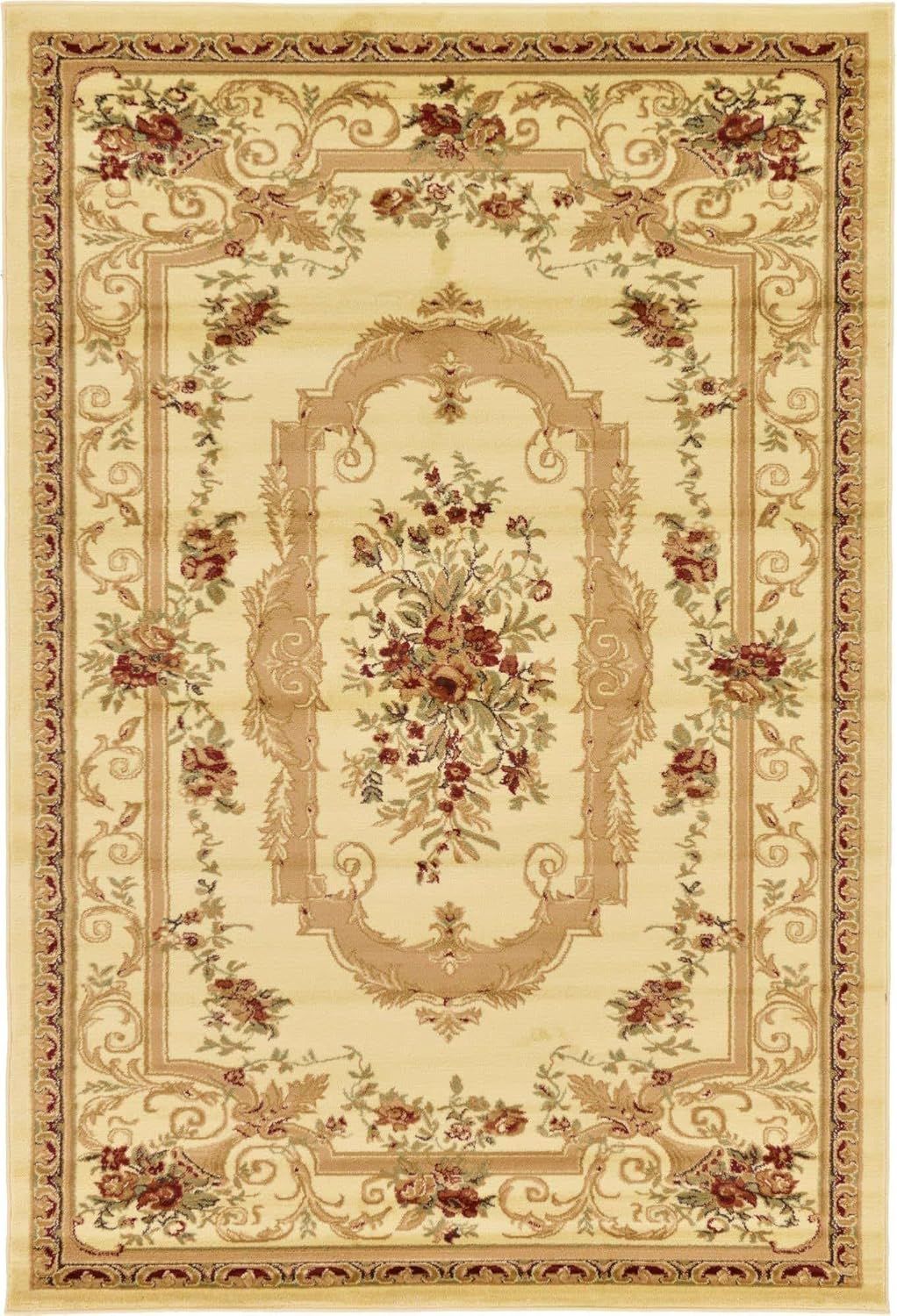 Ivory and Tan Floral Rectangular 6' x 9' Synthetic Area Rug