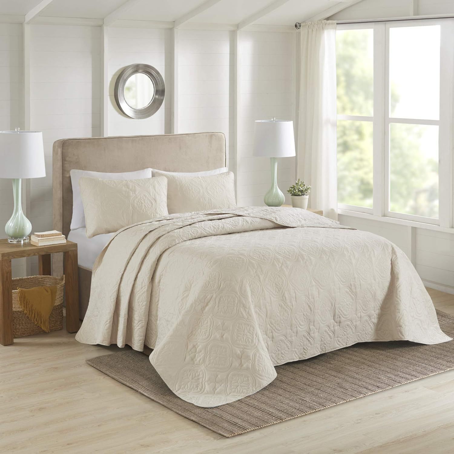 Cream Microfiber Reversible Full Bedspread Set