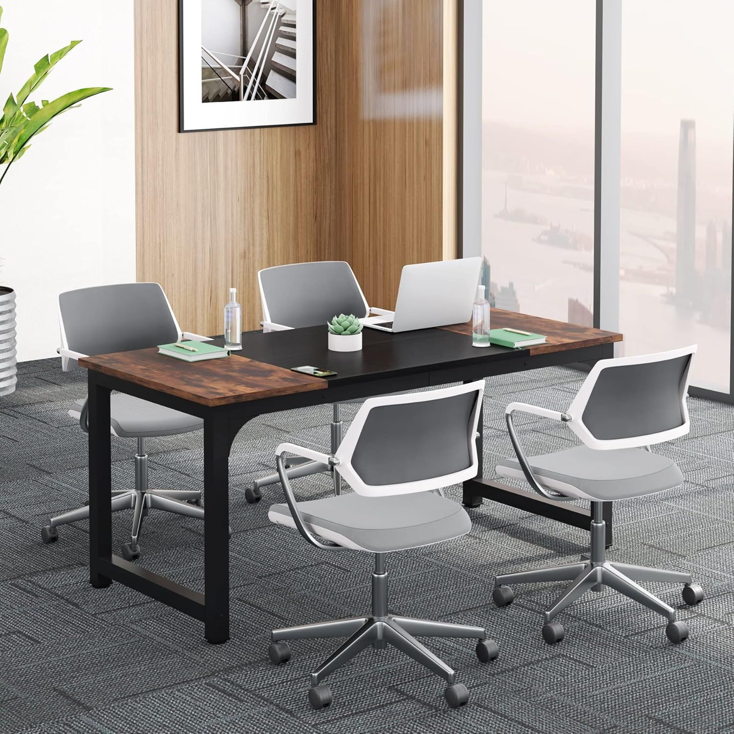 Rustic Brown and Black Engineered Wood Conference Table with Metal Frame