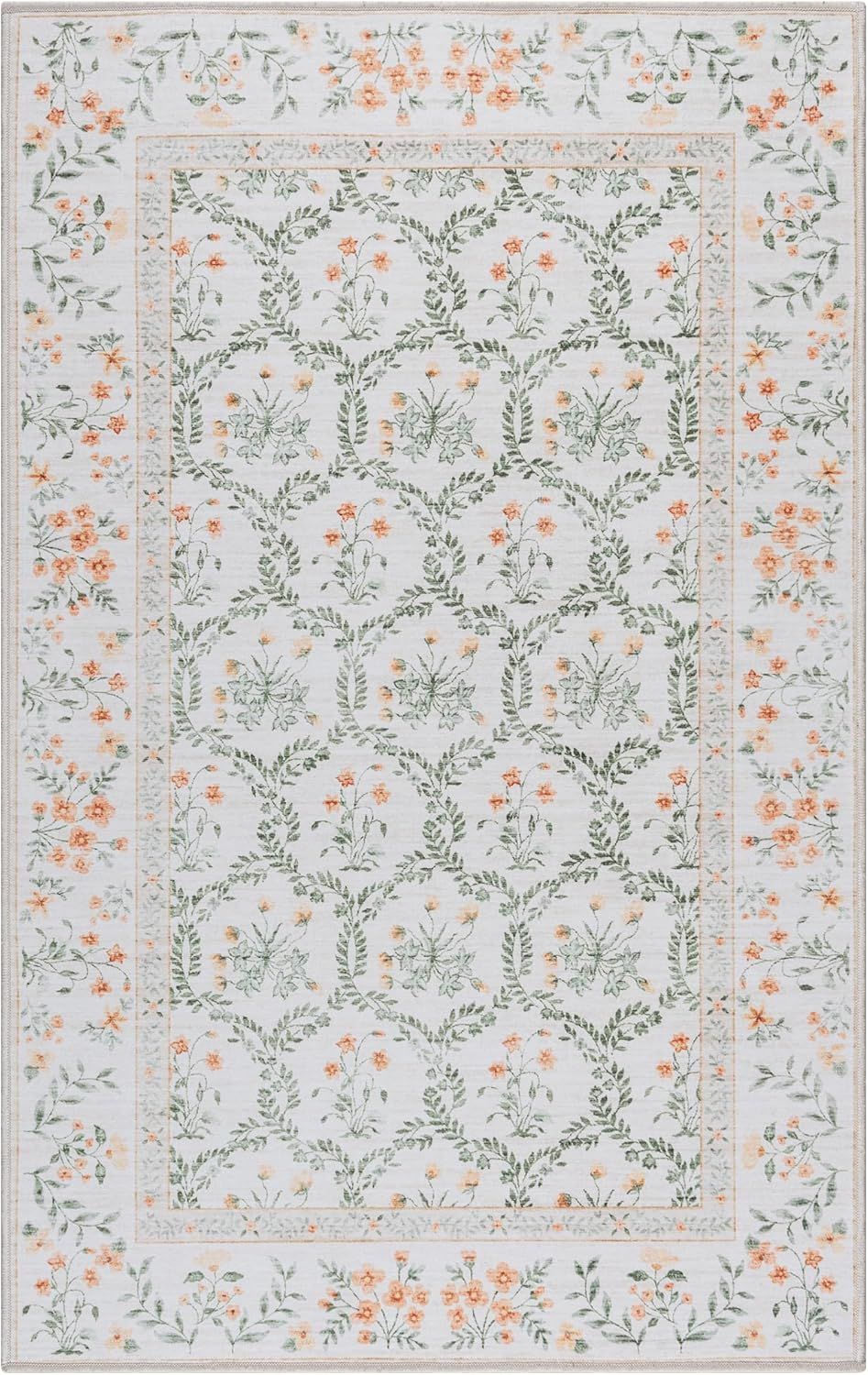 Ivory and Green Floral Synthetic Area Rug, 3x5