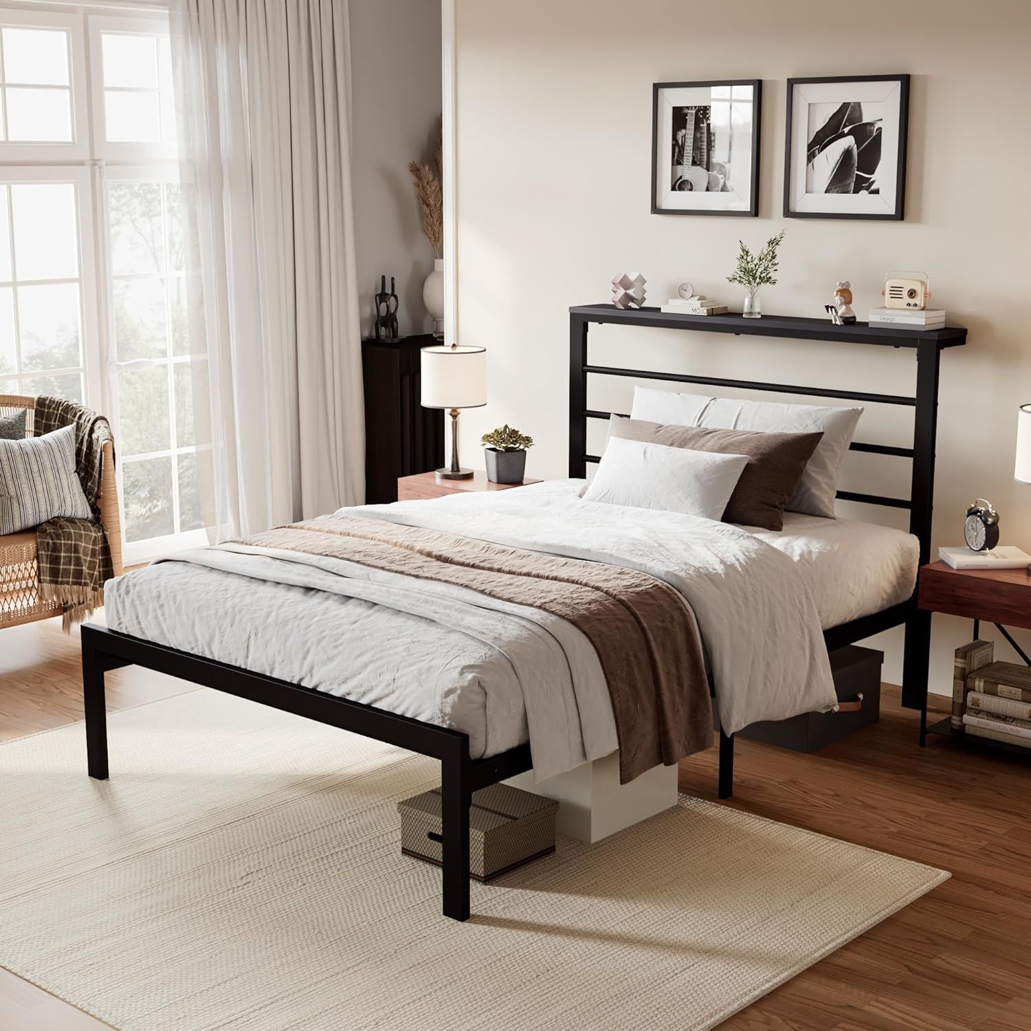 Black Metal Twin Bed Frame with Headboard Shelf and Slats