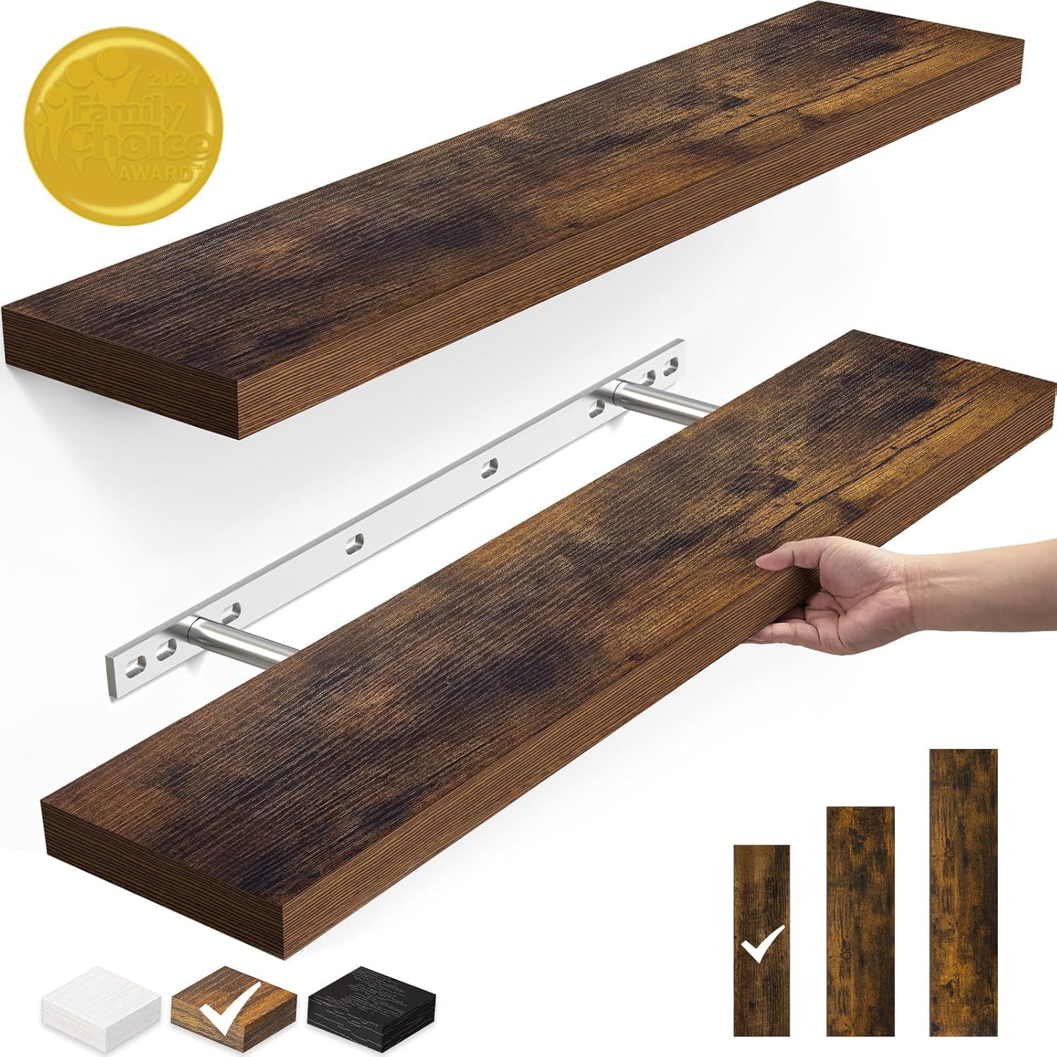 Rustic Brown Wood Floating Shelves with Invisible Brackets, Set of 2