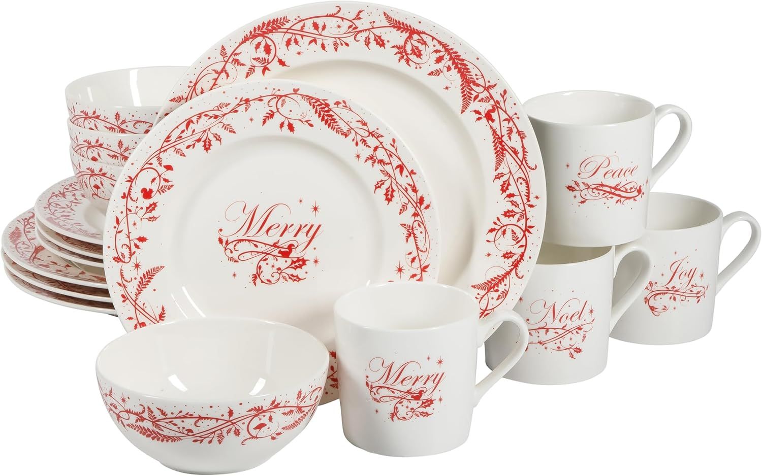 Holiday Floral Red and White 16-Piece Porcelain Dinnerware Set