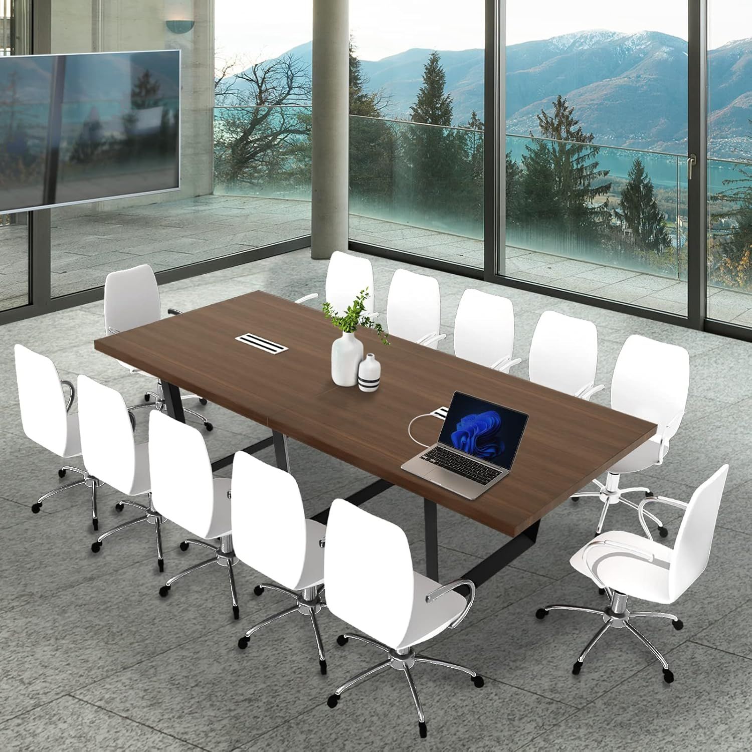 Modern Dark Brown Wood and Metal Rectangular Conference Table