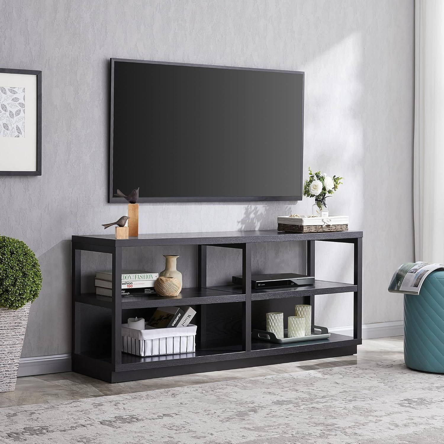 Thalia Modern Black MDF 55" TV Stand with Open Shelving