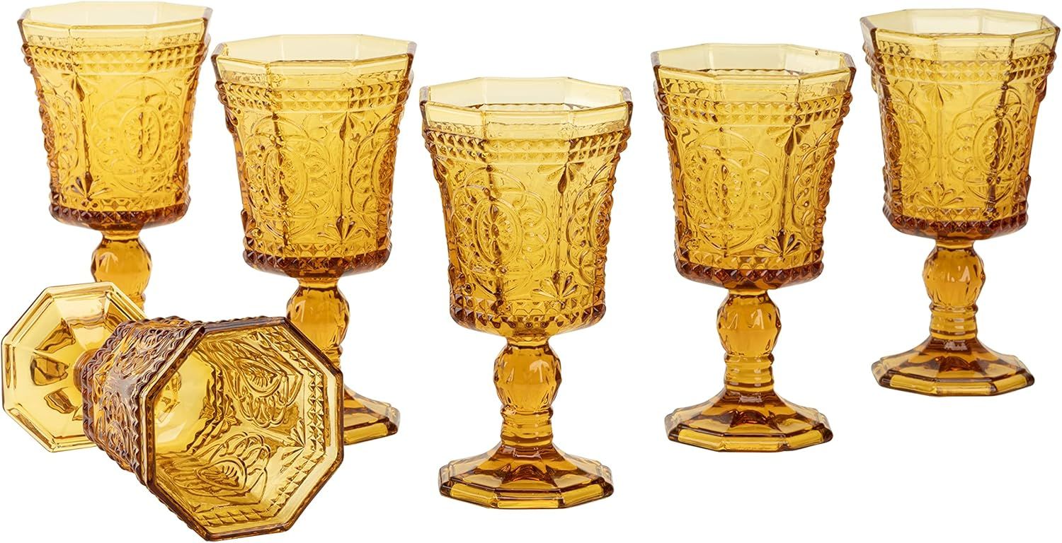 Amber Embossed Glass 8 oz Wine Goblets, Set of 6