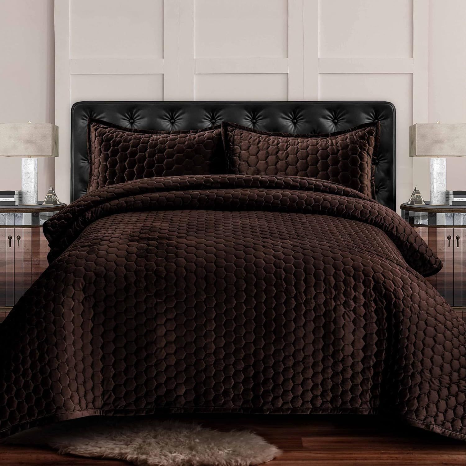 Chocolate Queen Velvet Reversible Quilt Set with Honeycomb Stitch