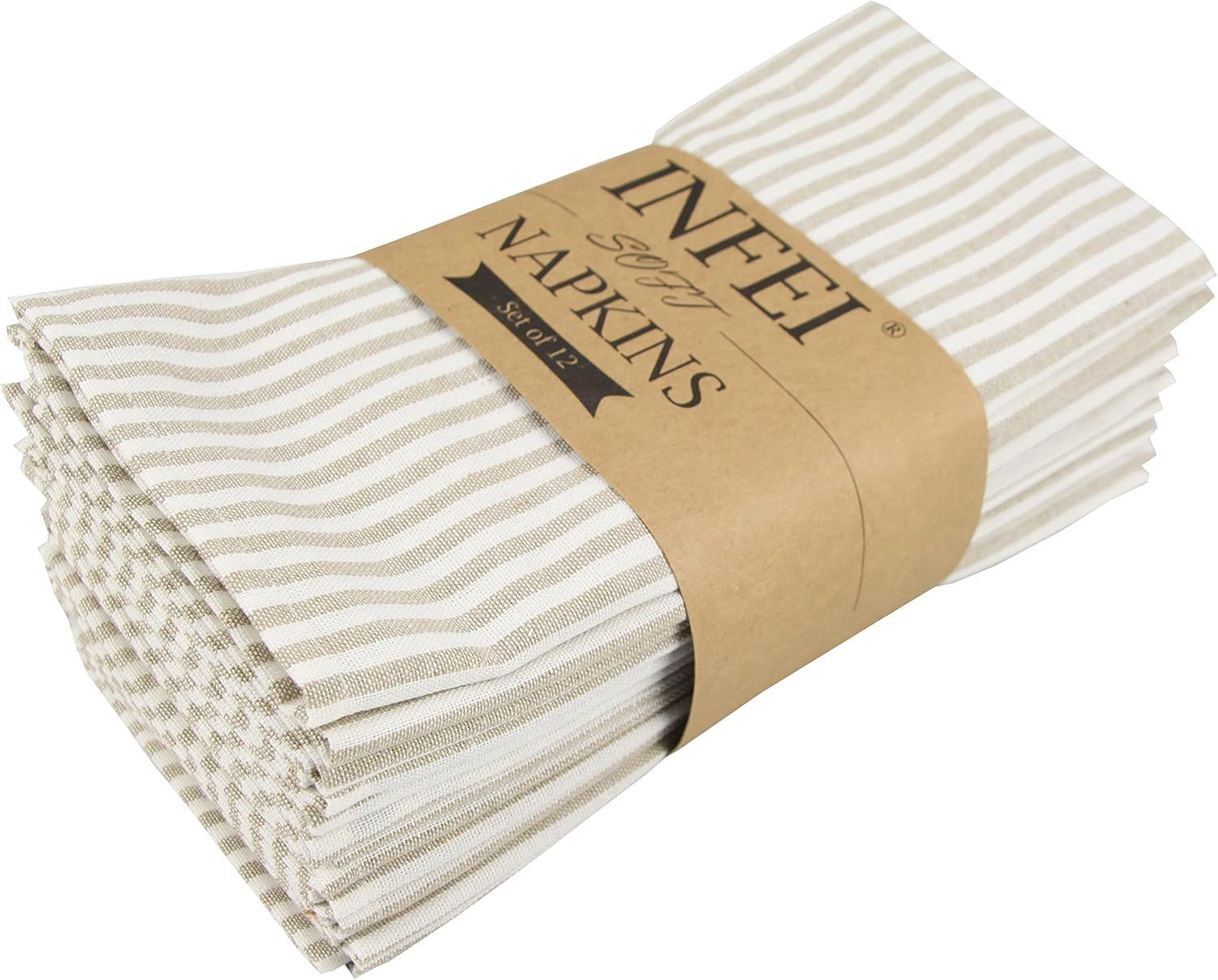 Beige Striped Cotton Linen Blend Dinner Napkins - Set of 12