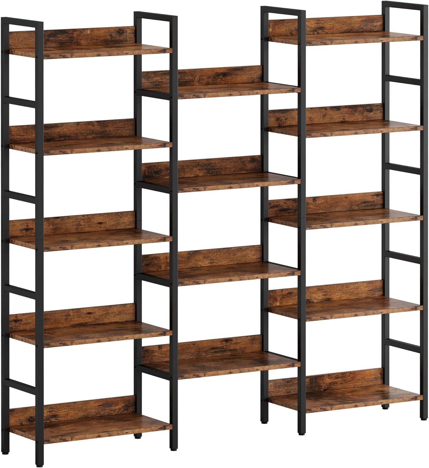 Industrial Brown Triple Wide 5-Tier Bookshelf with Metal Frame