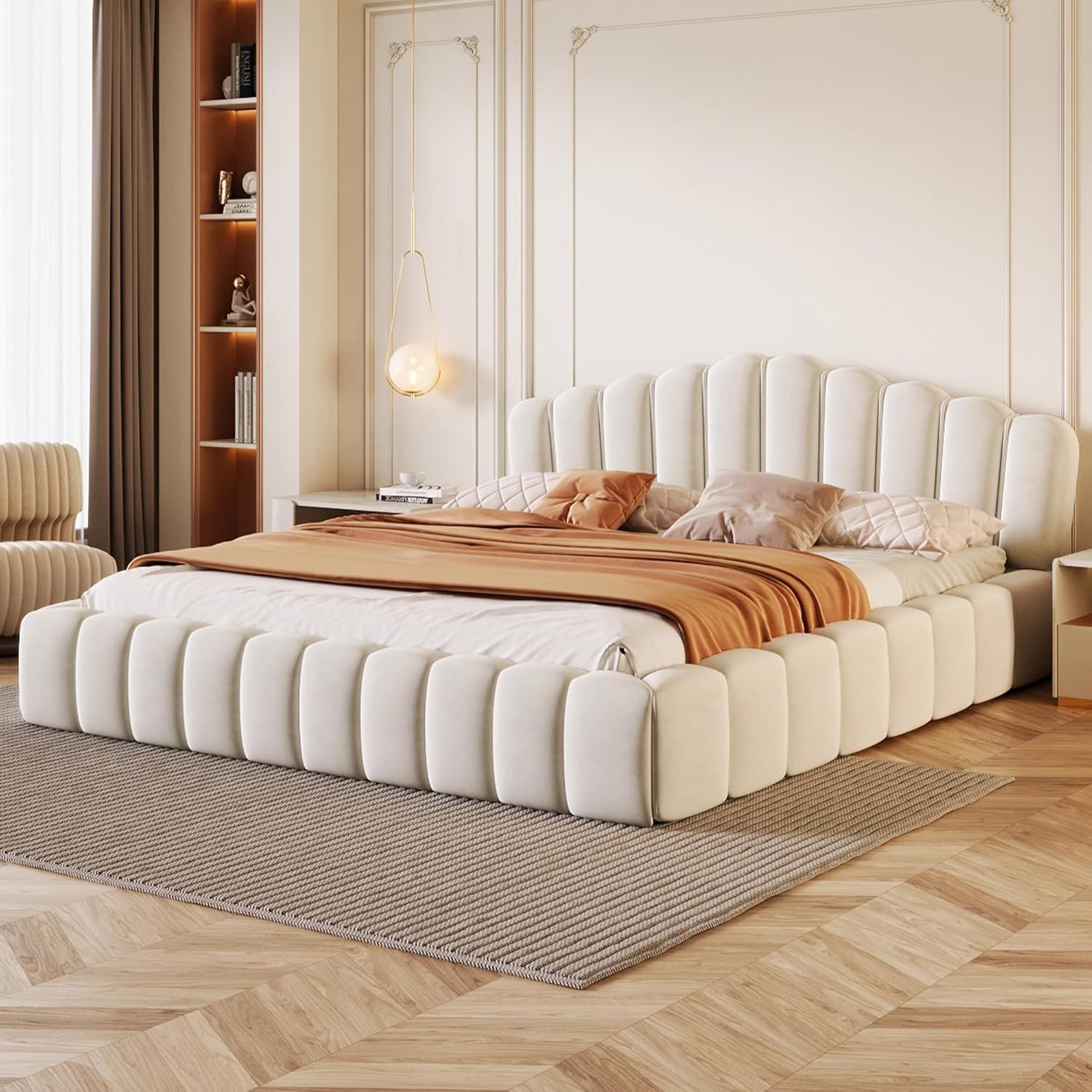 Beige Velvet Queen Platform Bed with Shell Headboard and Storage