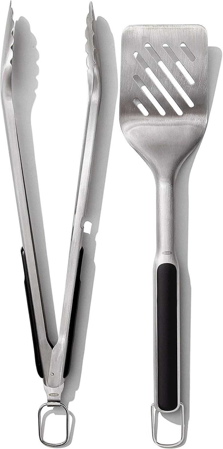 Stainless Steel Grilling Tongs and Turner Set with Black Handles