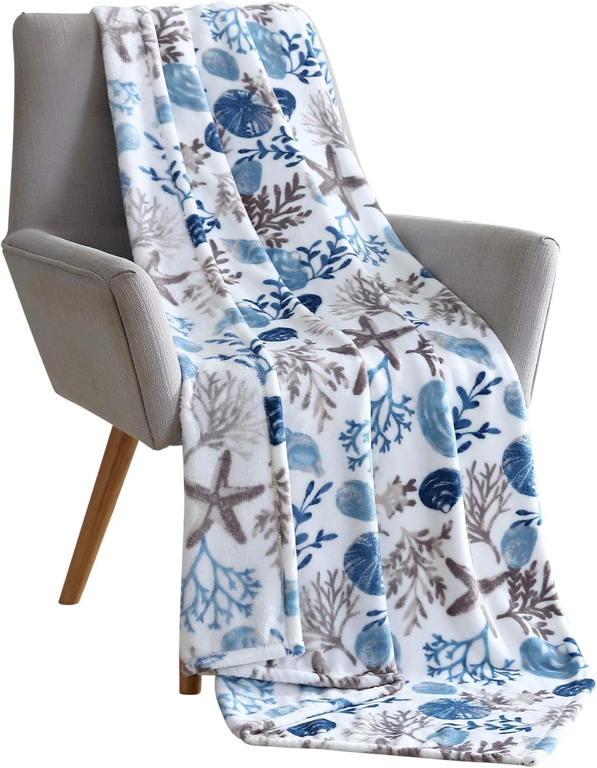 Coastal Ocean Blue and Gray Fleece Throw Blanket