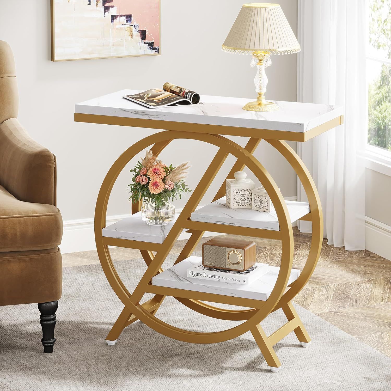 Gold and White Faux Marble 3-Tier End Table with Geometric Metal Frame