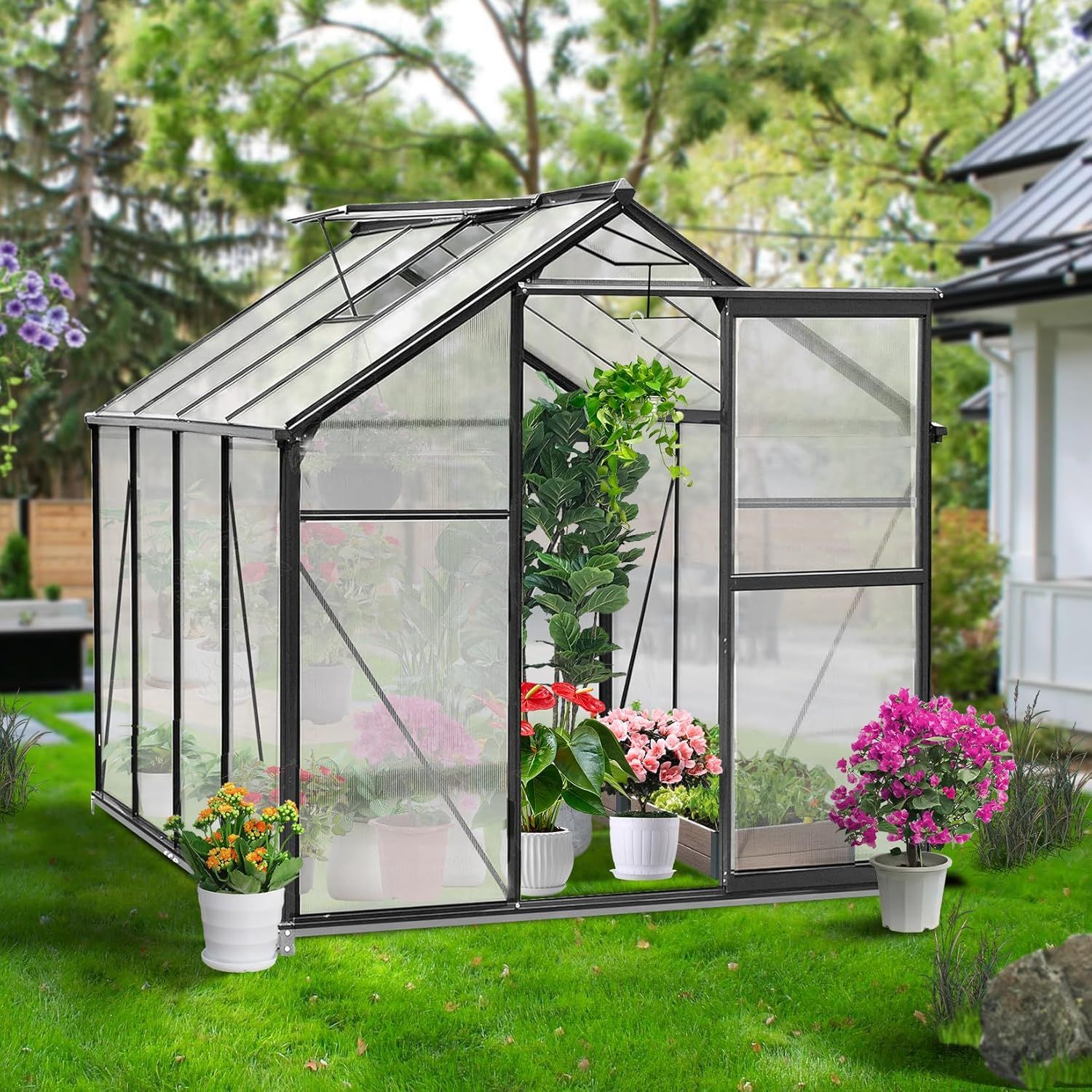 6x10 FT Polycarbonate and Aluminum Sliding Door Greenhouse