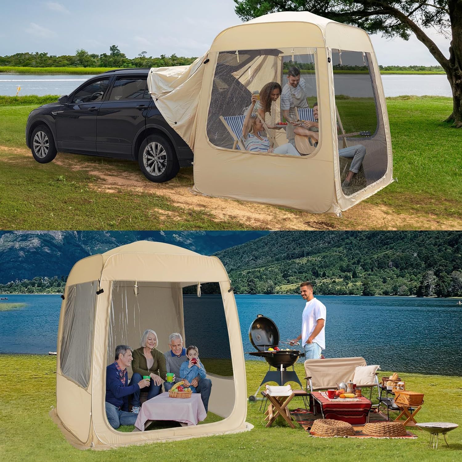 Beige 5-Person Four-Season SUV Camping Tent with Carry Bag