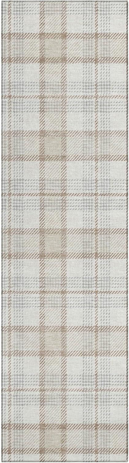 Ivory and Beige Plaid Flat Woven Indoor/Outdoor Runner Rug