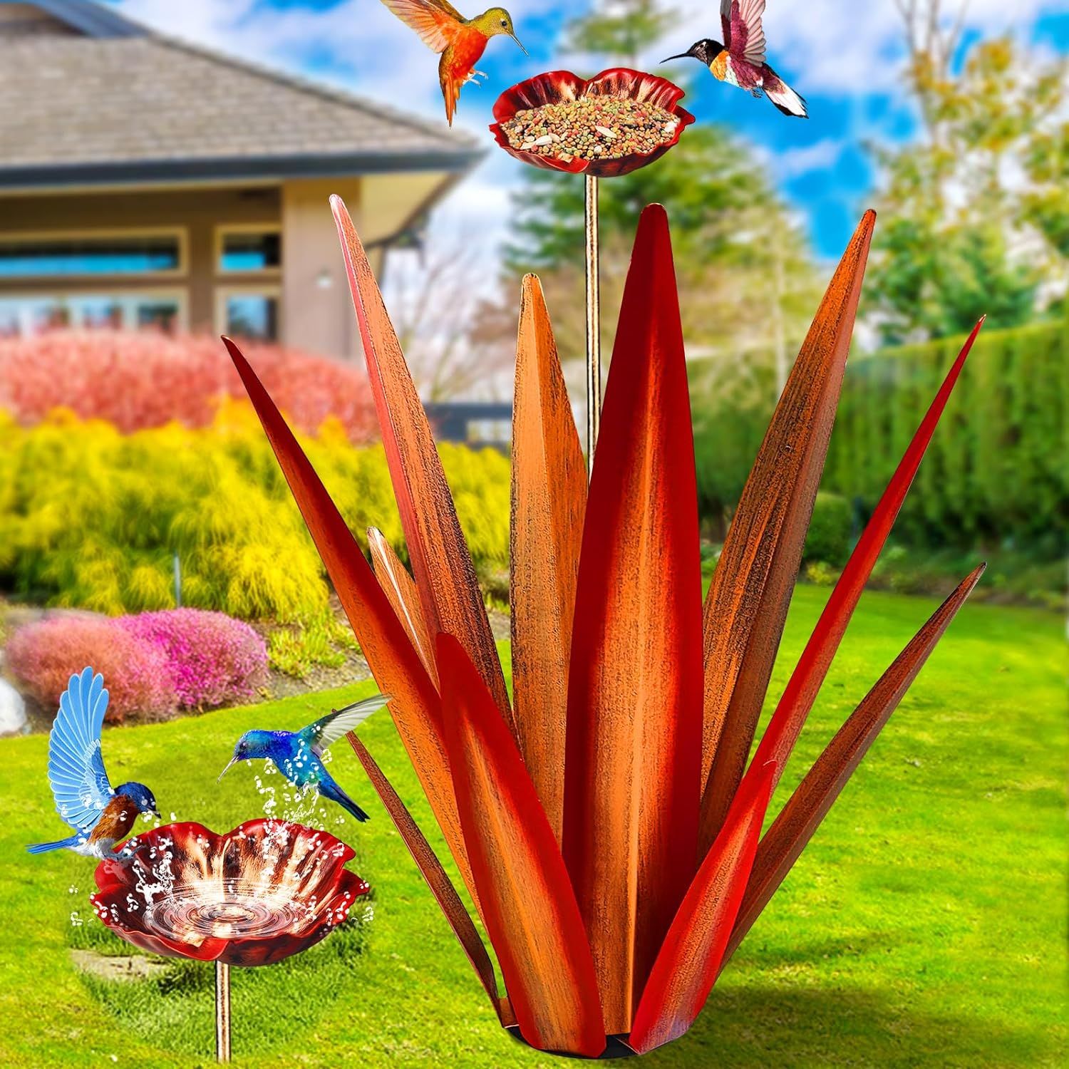 Large Red Metal Agave Plant Outdoor Sculpture