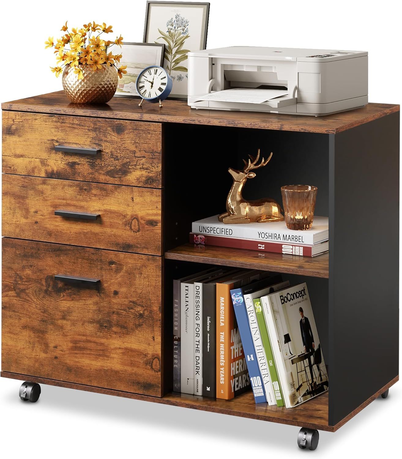 Rustic Brown Wood 3-Drawer Mobile File Cabinet with Open Shelves