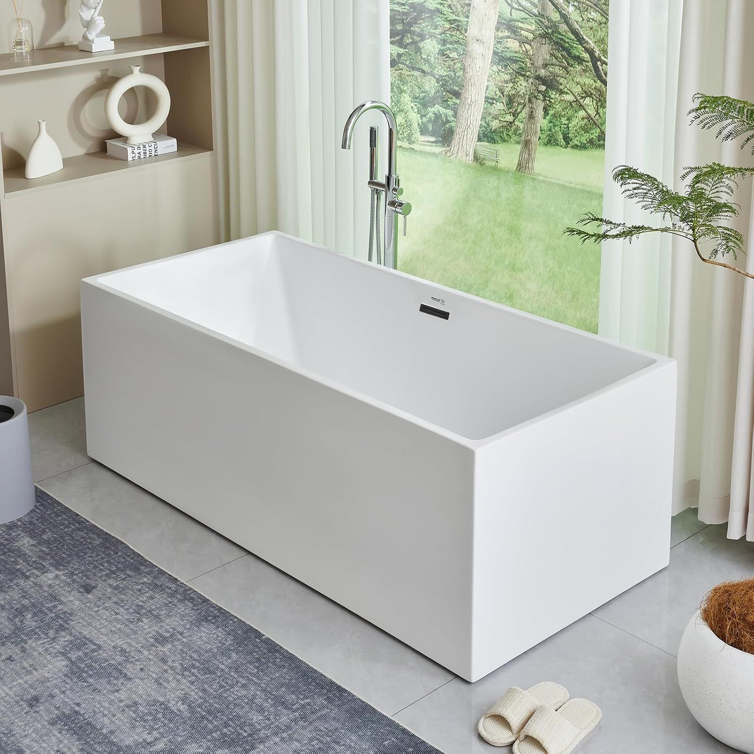 White Acrylic Freestanding Soaking Bathtub with Matte Black Trim