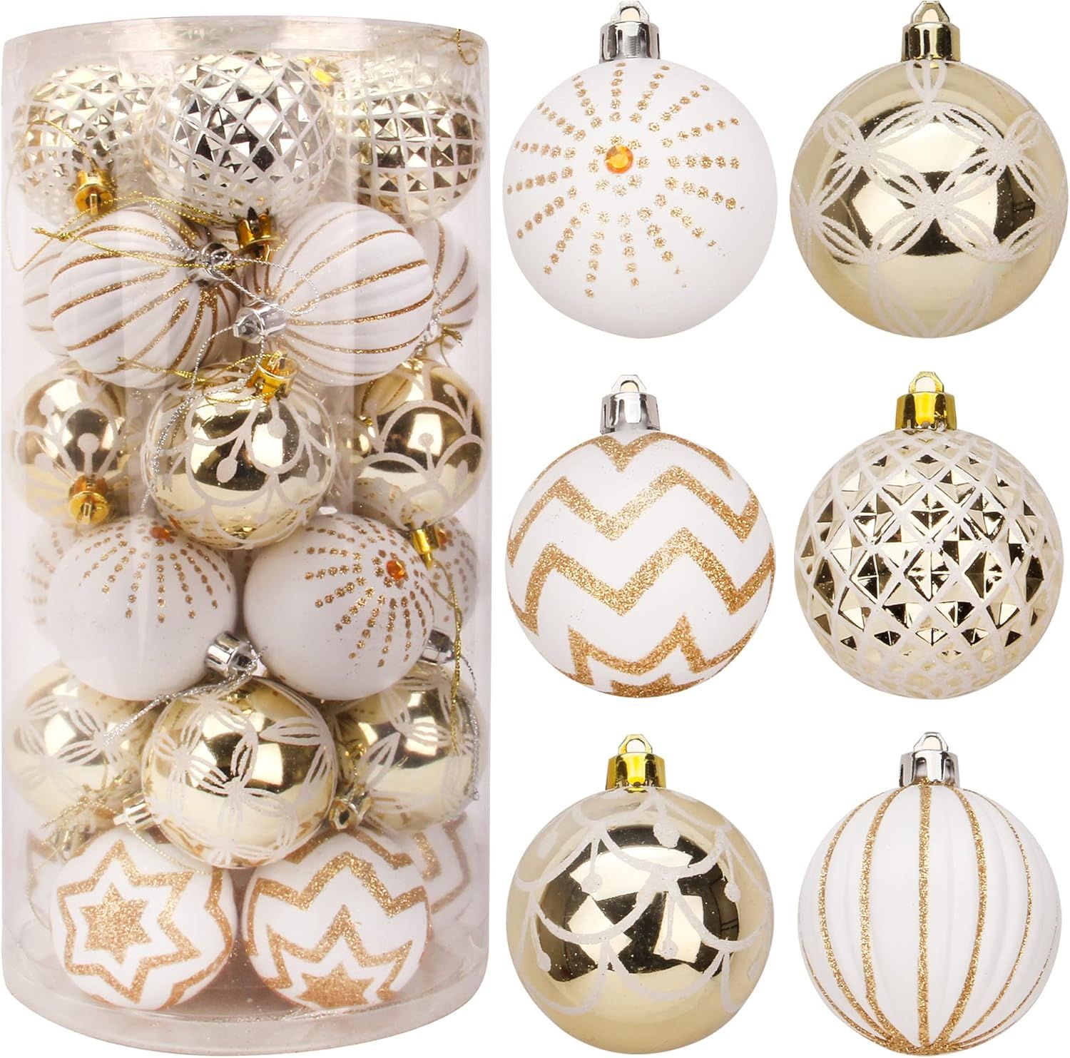 Gold and White Shatterproof Plastic Christmas Ball Ornaments Set