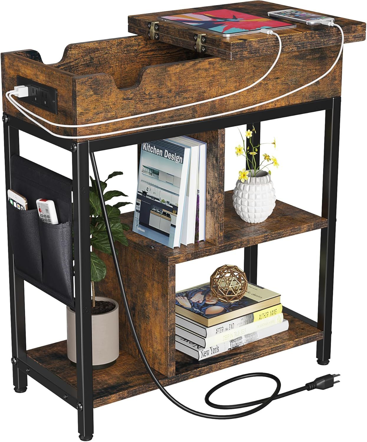 Rustic Brown and Black Side Table with Charging Station and Shelves