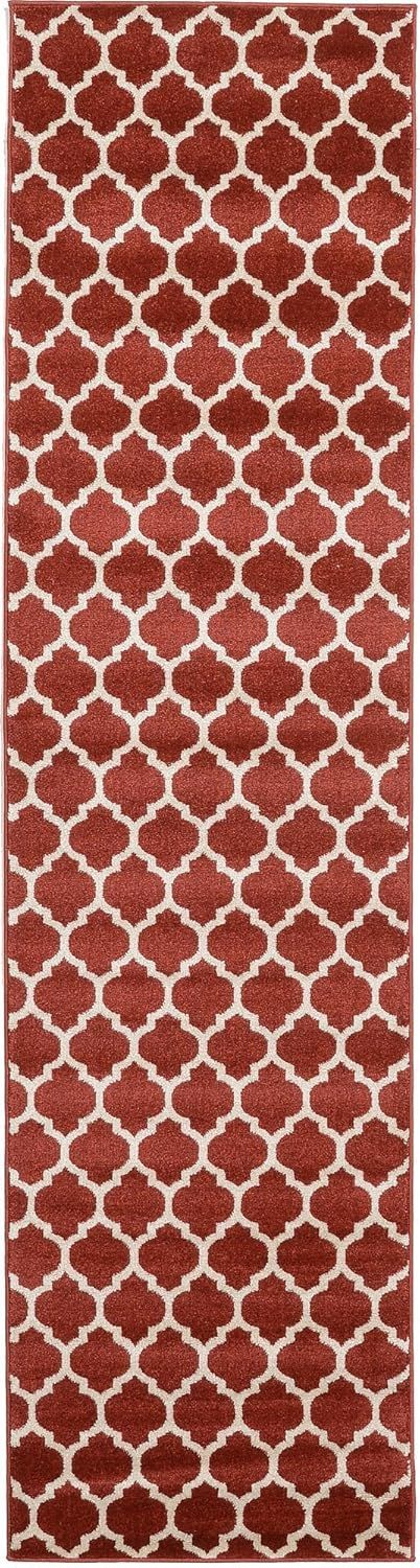 Red and Beige Synthetic Trellis Runner Rug