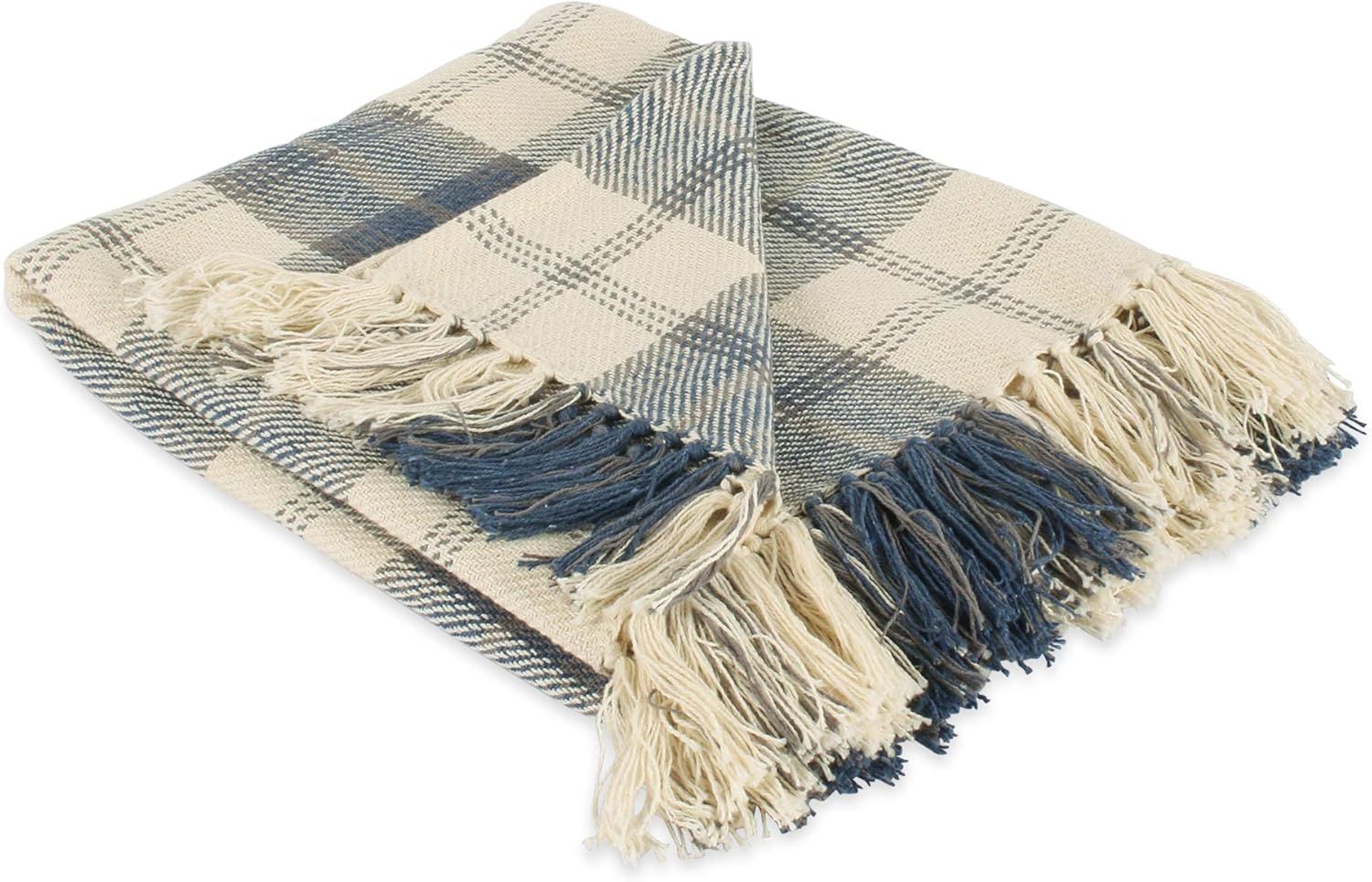 Farmhouse Beige and Blue Cotton Plaid Throw Blanket with Fringe