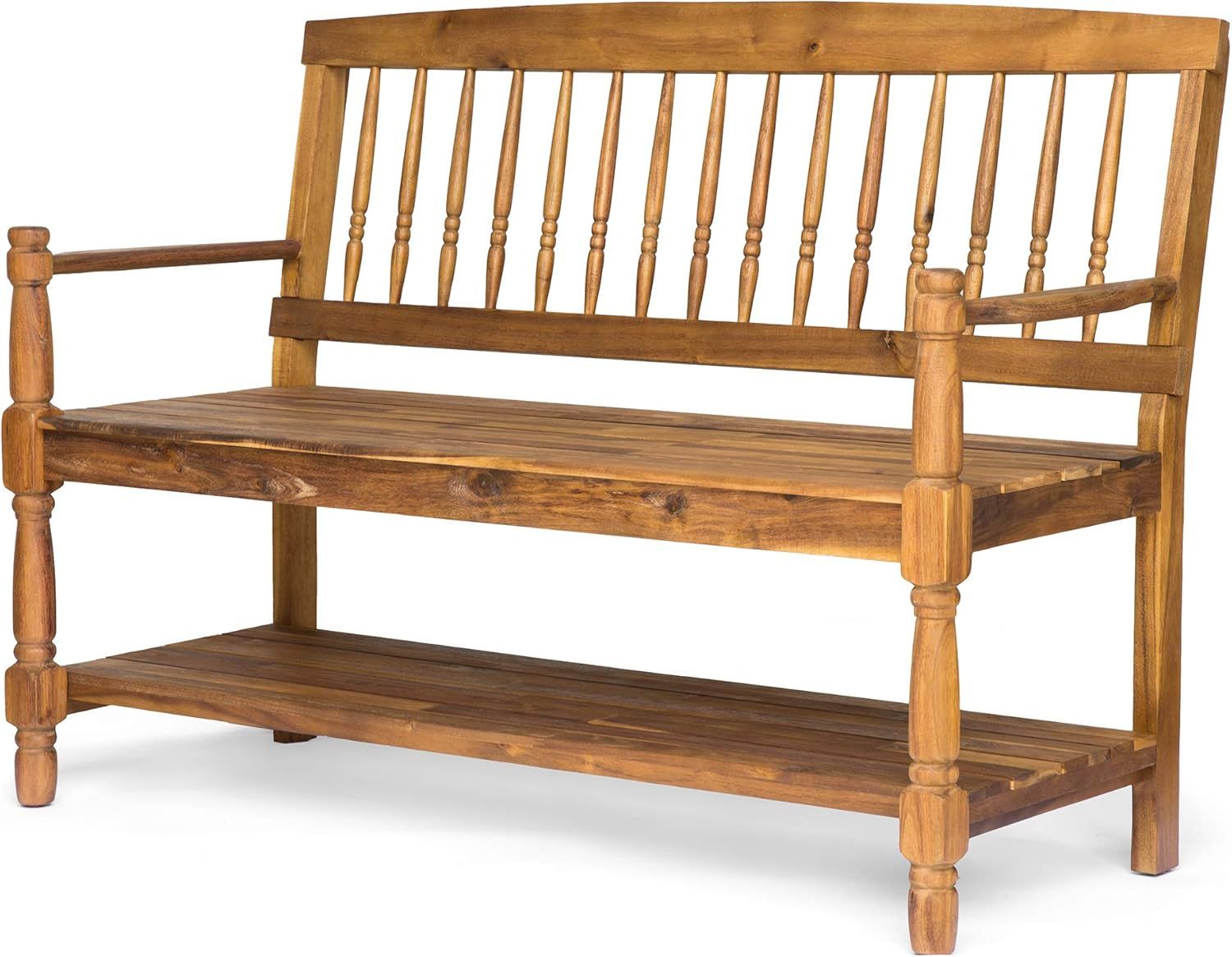 Eddie Teak Finish Farmhouse Acacia Wood Bench with Shelf