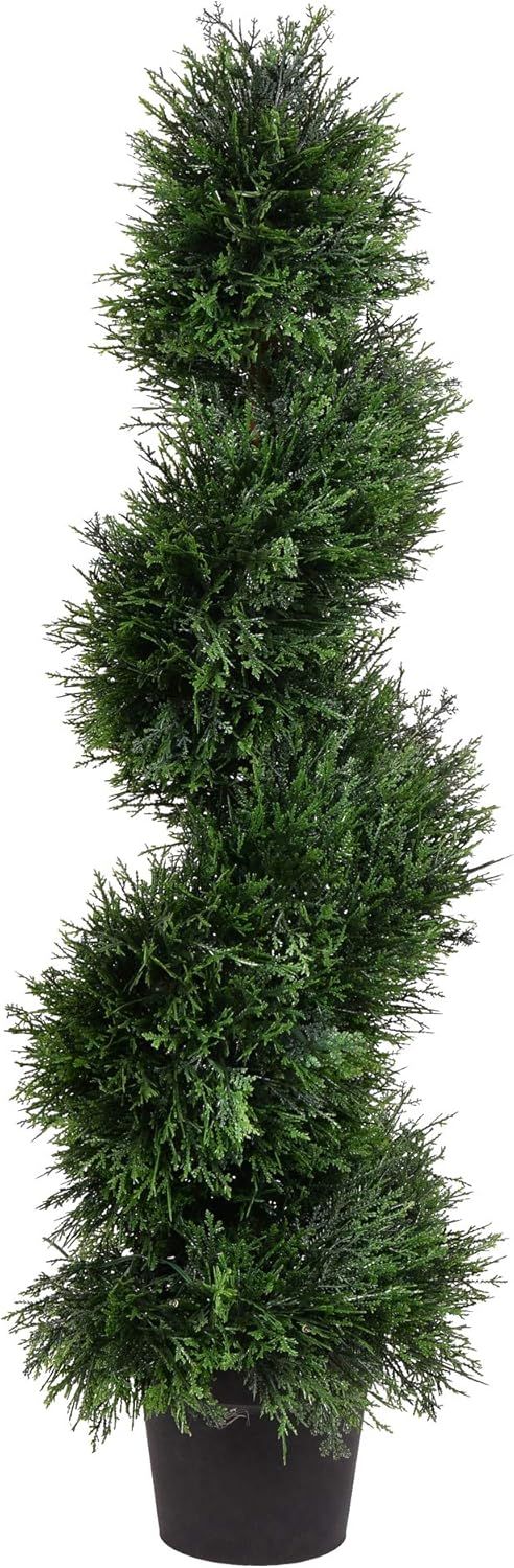 Elegant 36" White-Lit Faux Cedar Topiary in Plastic Pot