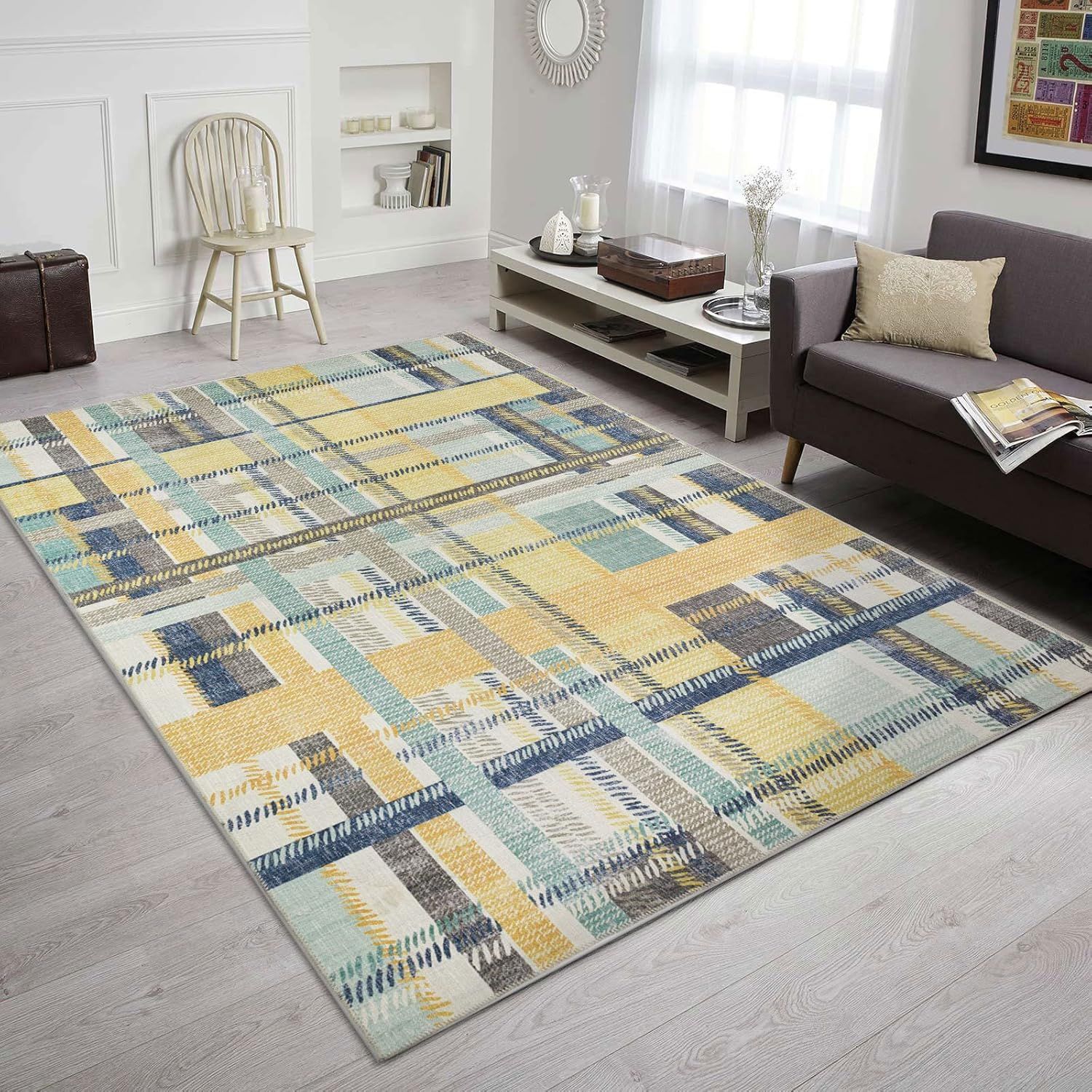 Blue and Yellow Abstract Washable Non-Slip Synthetic Rug