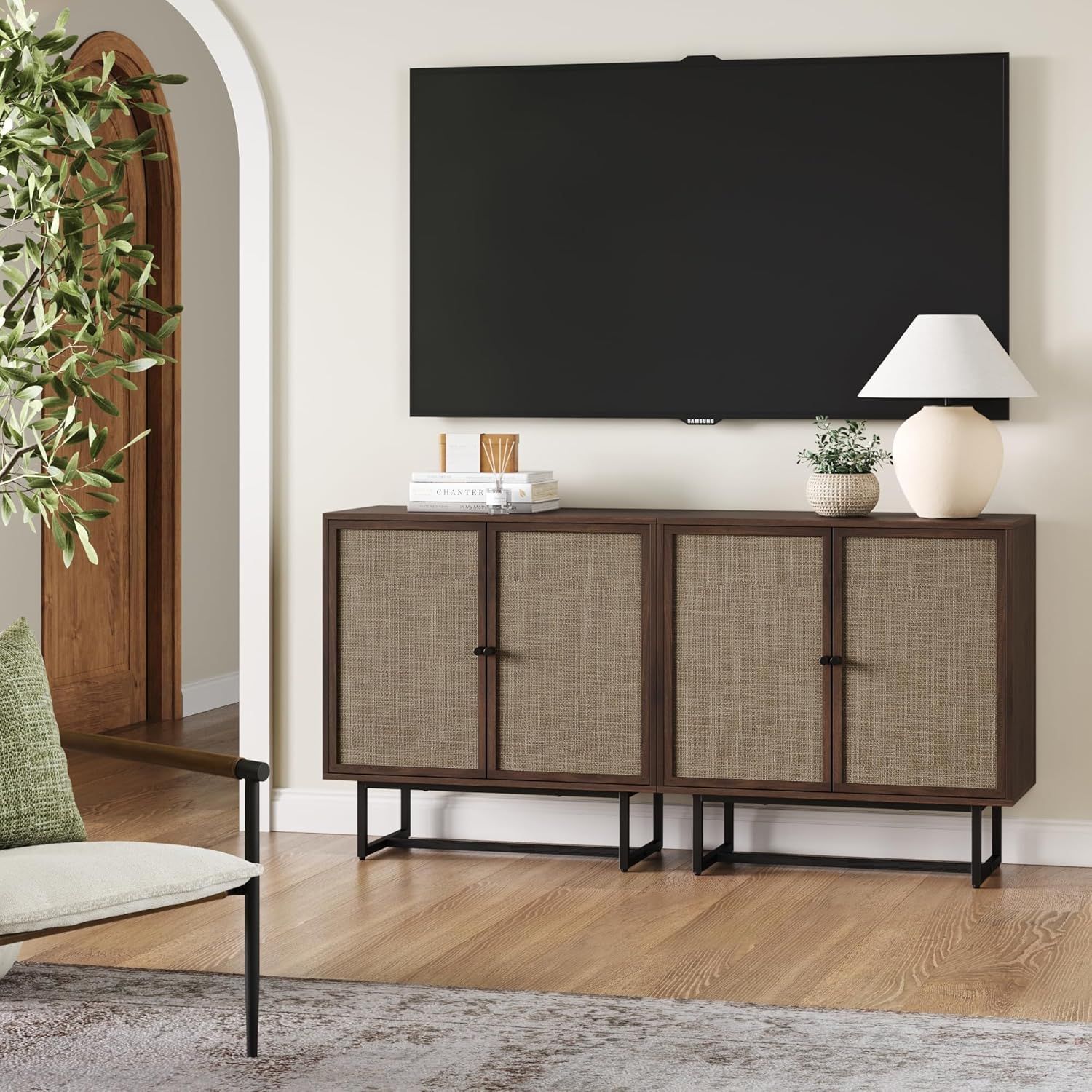 Walnut and Black Rattan Freestanding Storage Cabinet with Adjustable Shelving