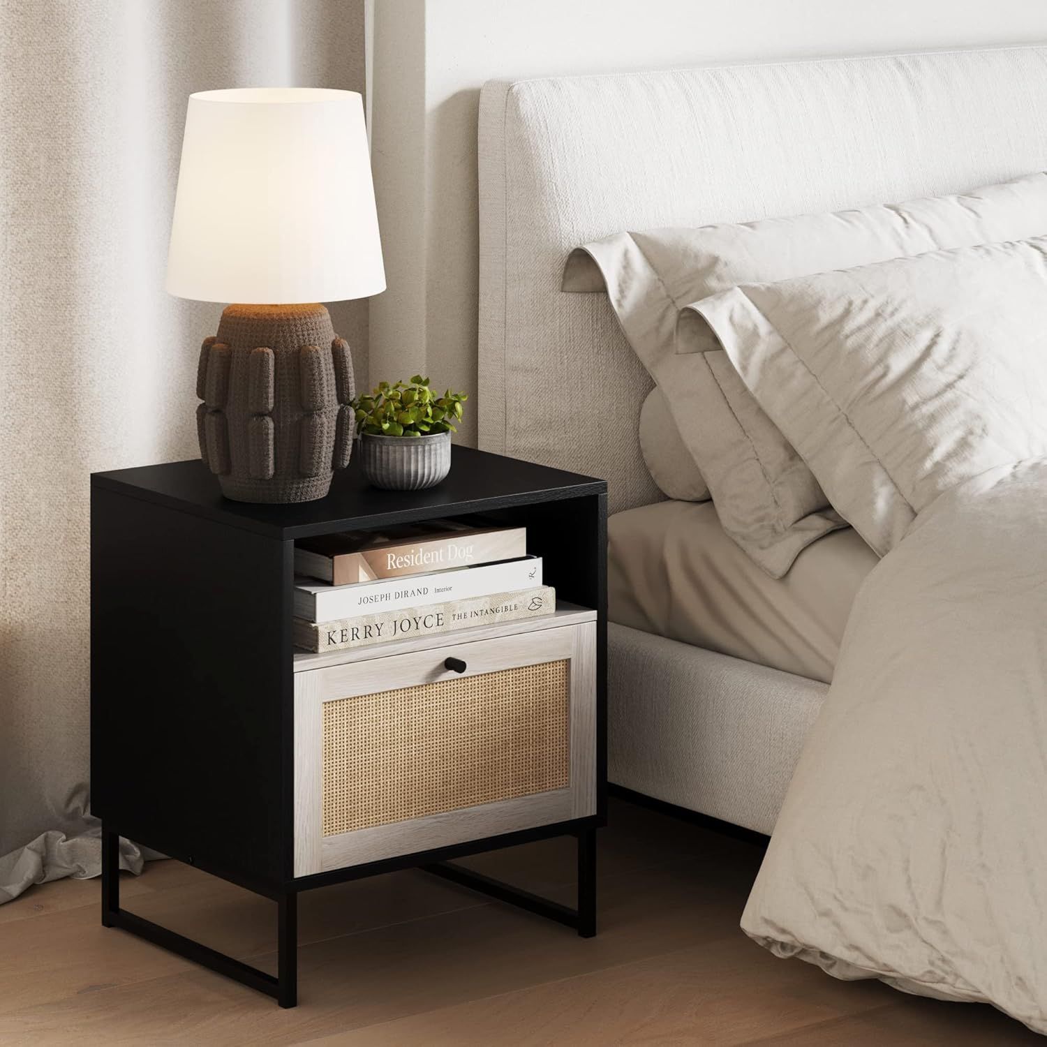 Mina Black Oak and Rattan Storage Accent Table