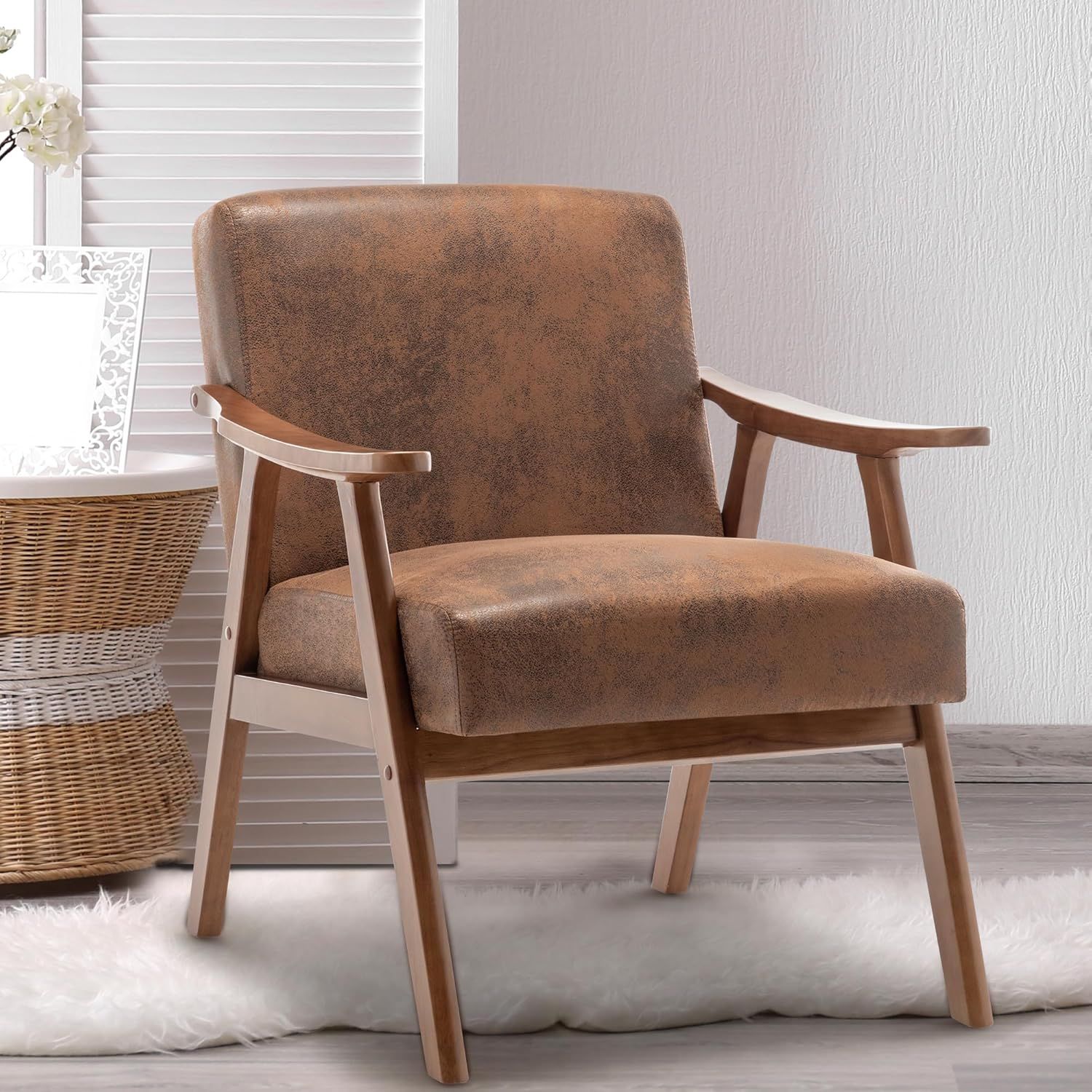 Mid-Century Modern Coffee Velvet Accent Chair with Wood Frame