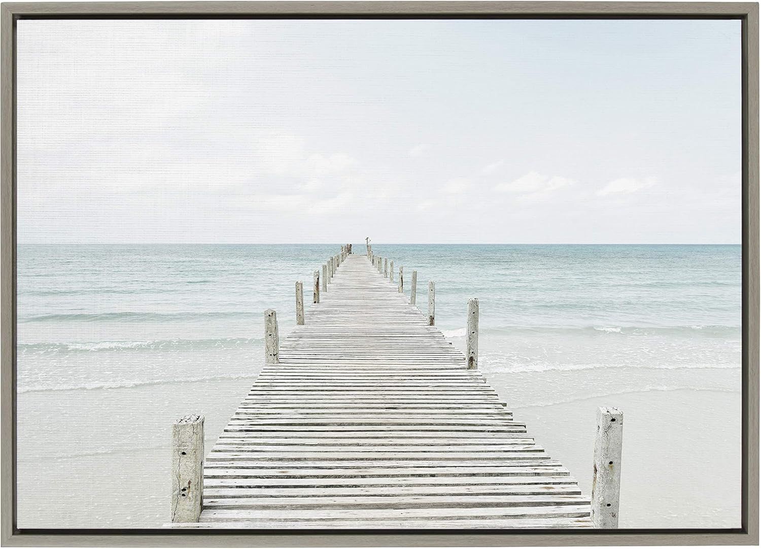 Tranquil Wooden Pier Coastal Canvas Print in Gray Frame