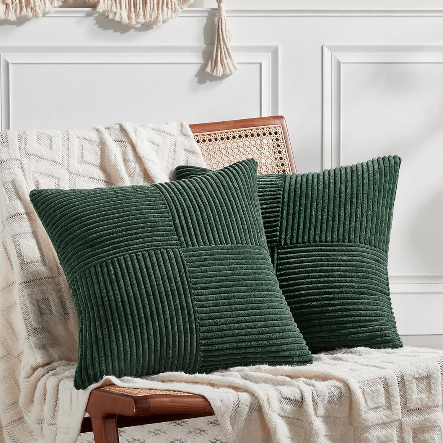 Fancy Homi Set of 2 Dark Green Boho Decorative Throw Pillow Covers 18x18 Inch for Living Room Couch Bed, Modern Farmhouse Forest Green Home Decor, Soft Textured Corduroy Corss Patchwork Cushion Case