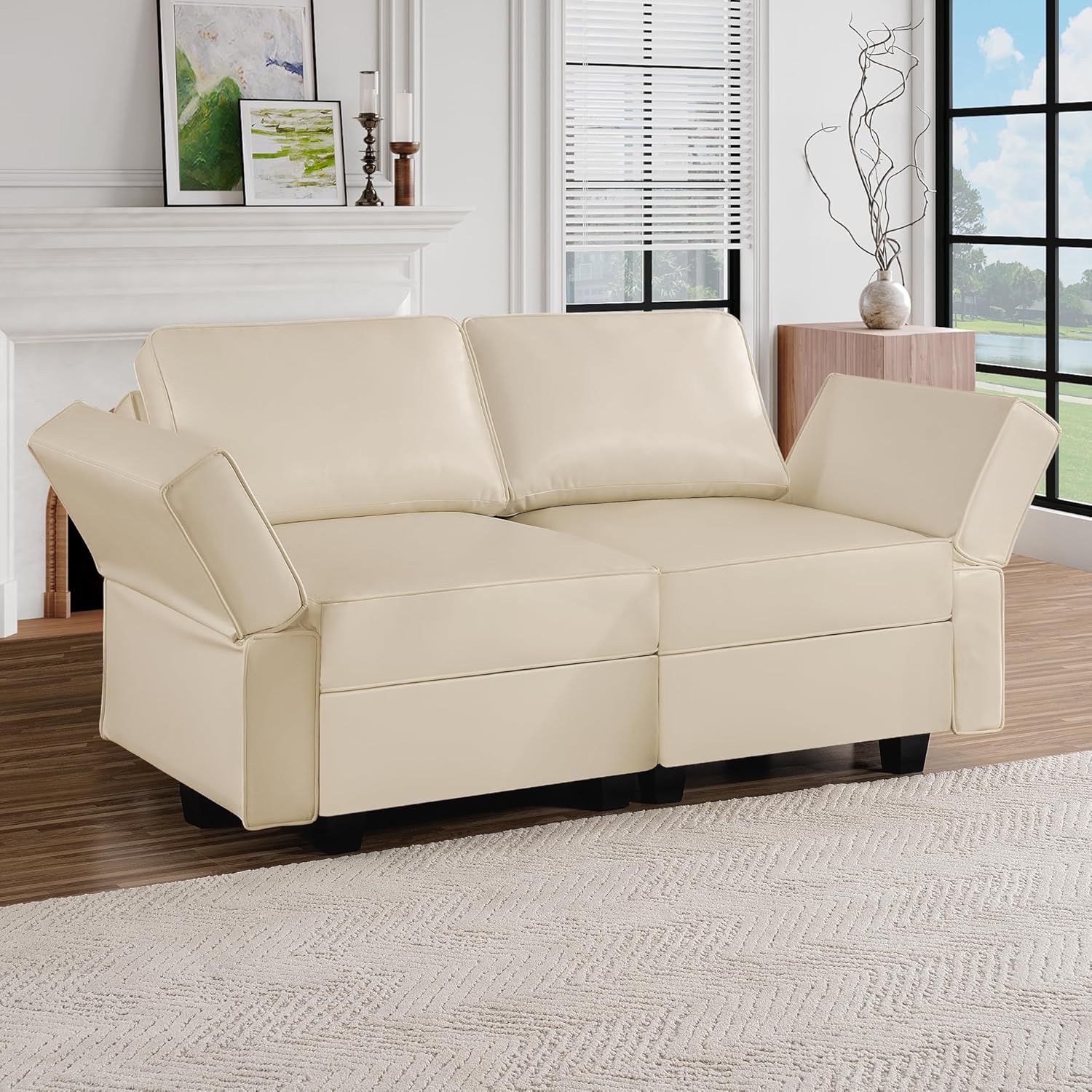 Beige Faux Leather Loveseat Sofa with Storage and Adjustable Arms