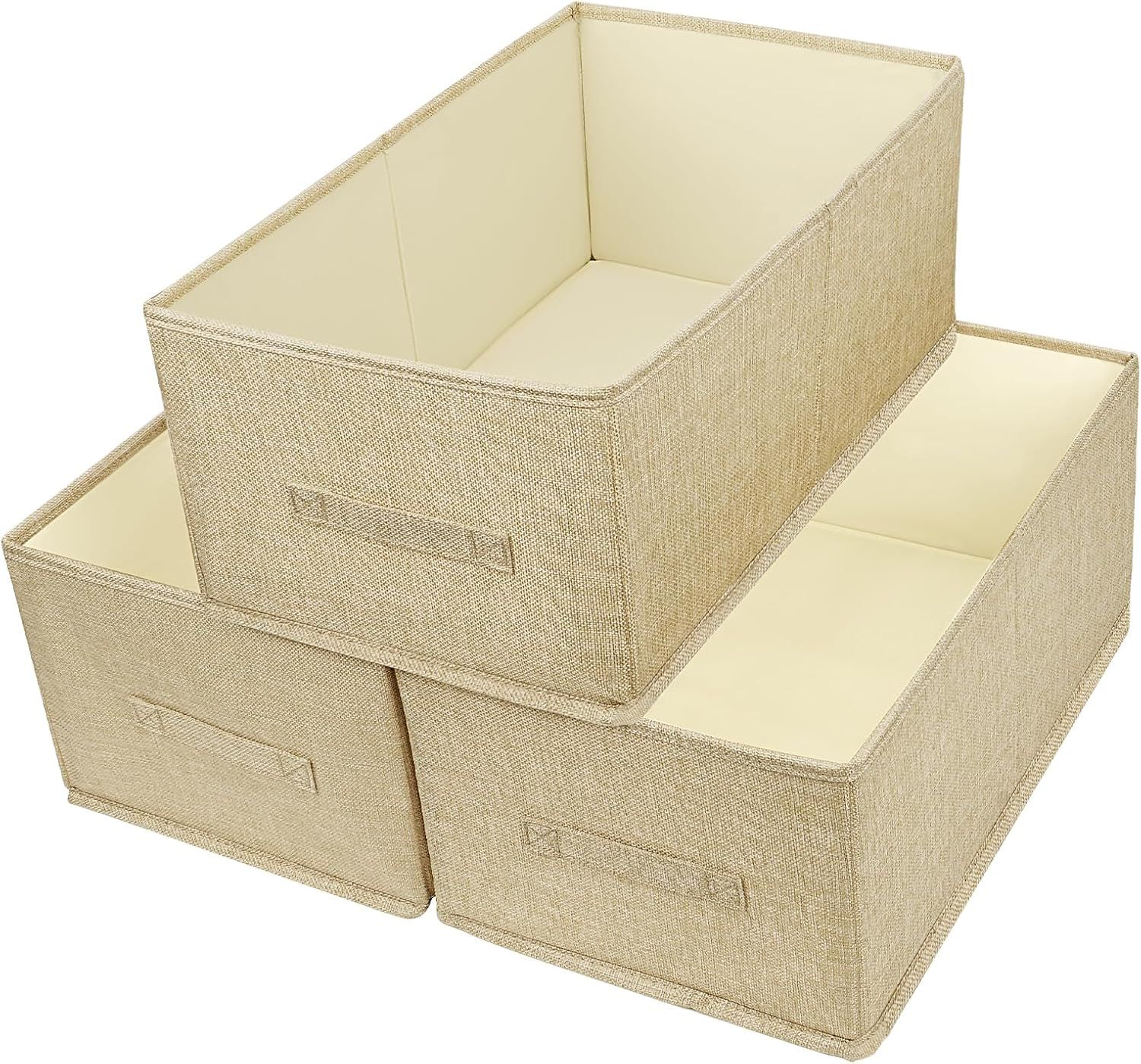 Beige Linen Foldable Storage Bins with Handles, 3-Pack