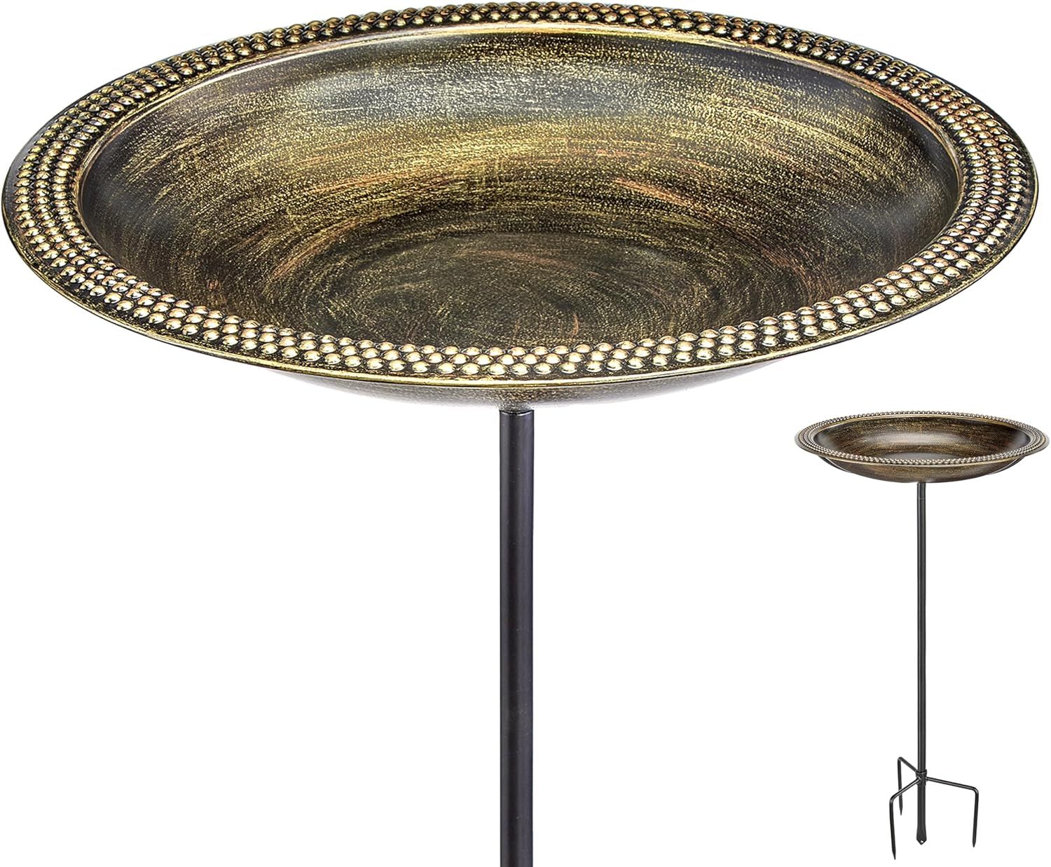 Hand-Hammered Copper Birdbath with Aged Brass Finish and Stand