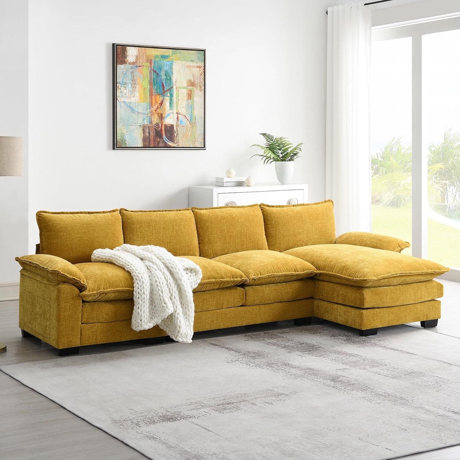 118'' Ginger Chenille L-Shaped Sofa with Chaise and Solid Wood Legs