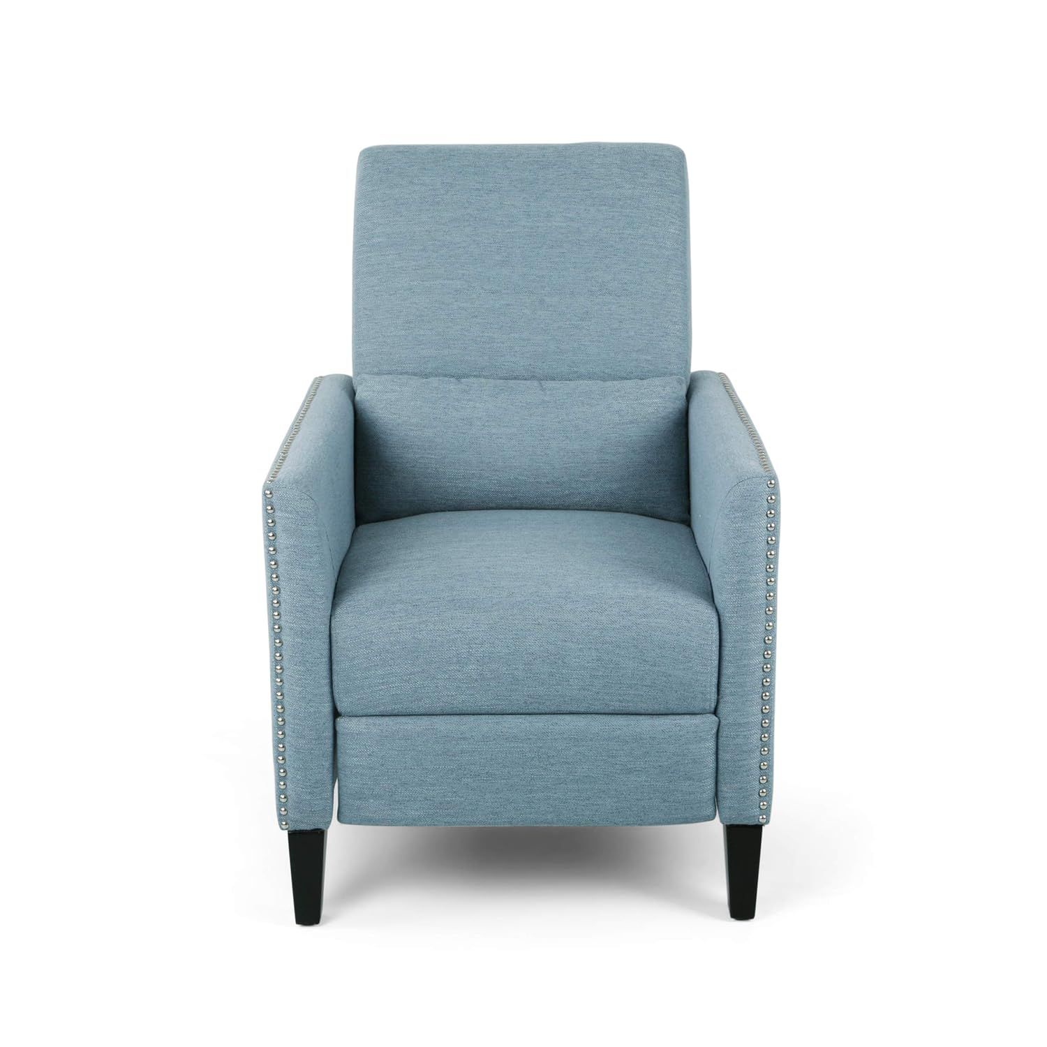 Handcrafted Light Blue Fabric Push-Back Recliner with Nailhead Accents